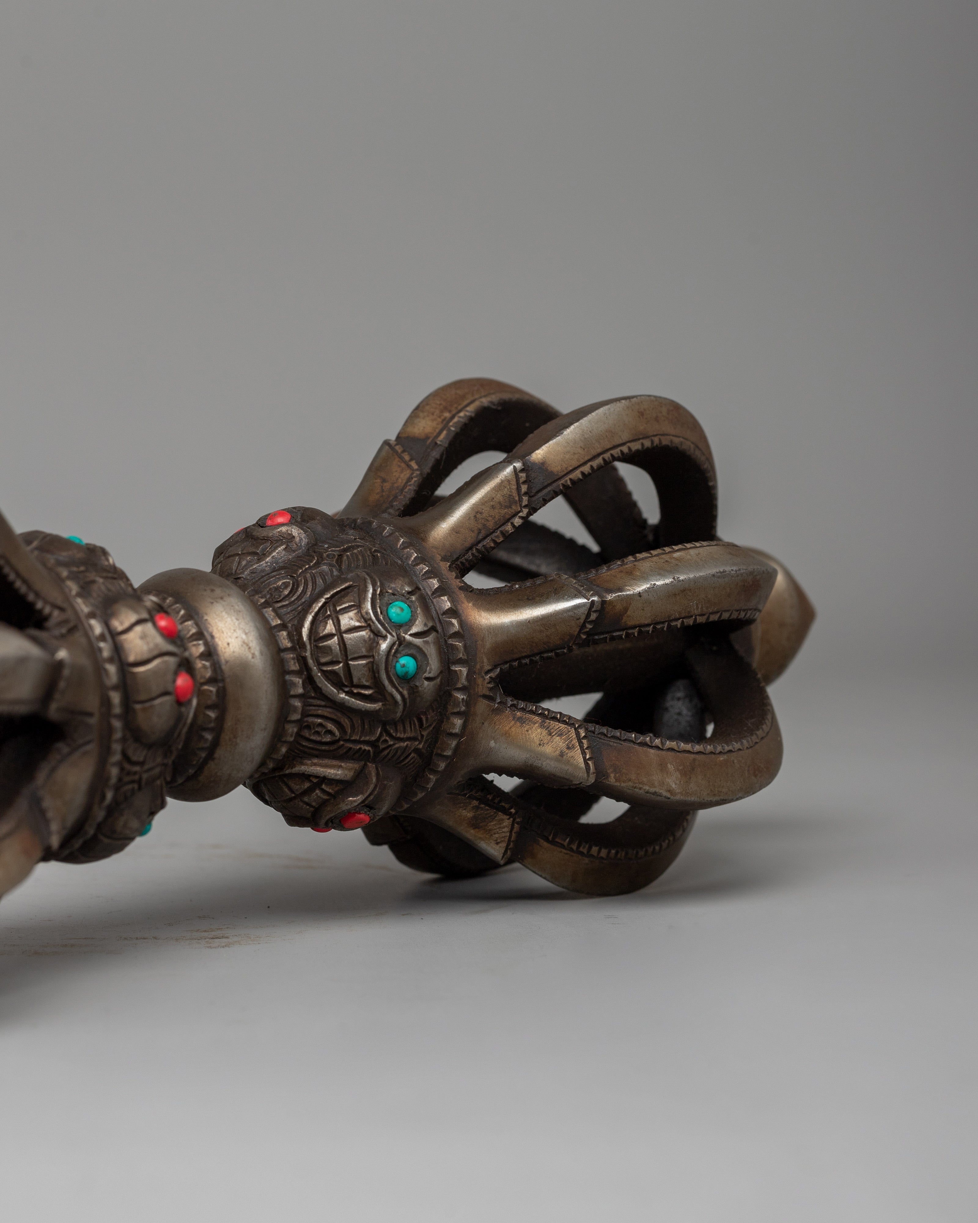 Iron Vajra with a Wooden Base and Turquoise Coral Inlays | Acrylic Painted Base