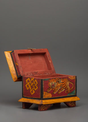 Hand-Painted Wooden Tiger Box | Tibetan Spiritual Storage Chest