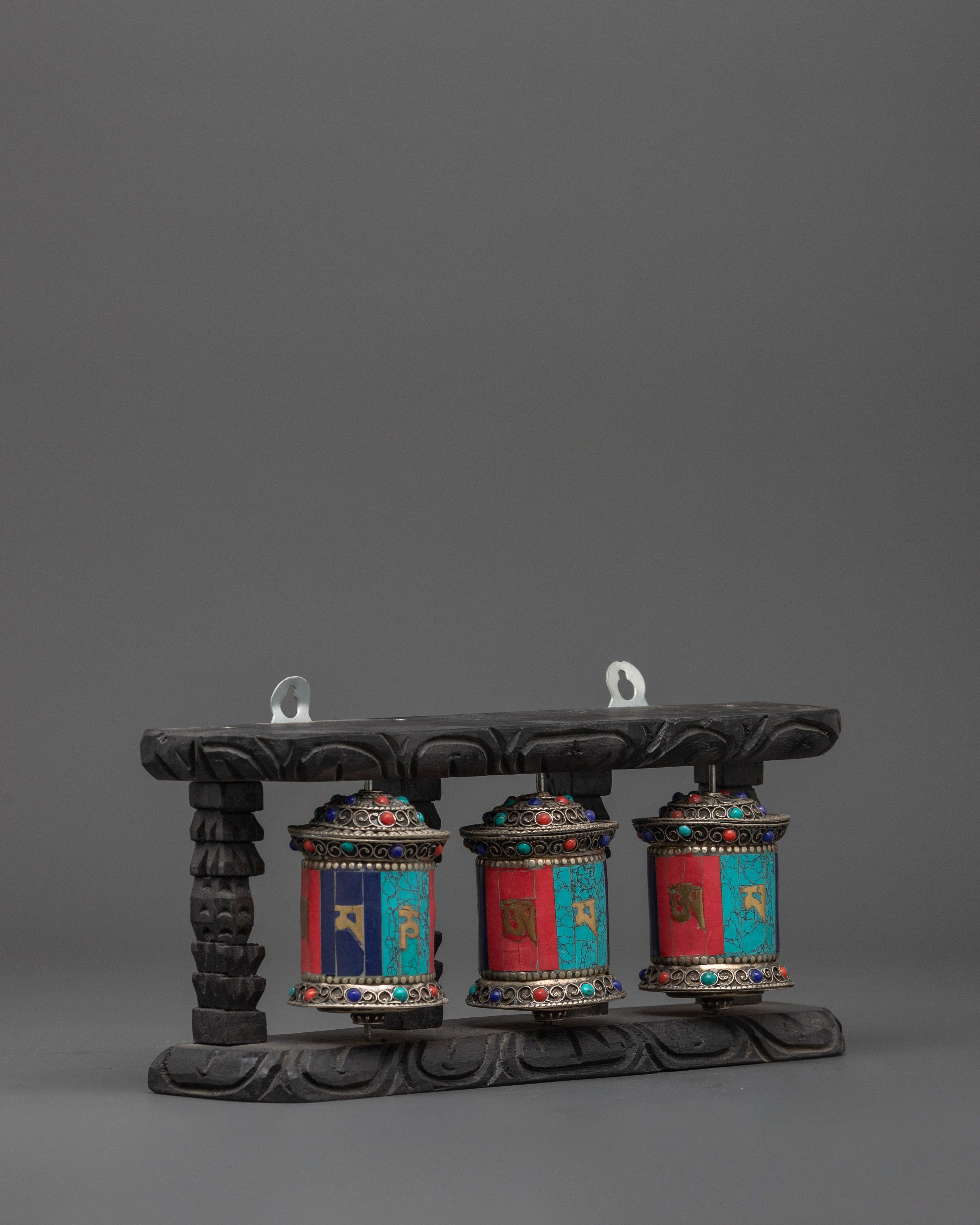 Tibetan Triple Prayer Wheel Set | Spiritual Buddhist Decor