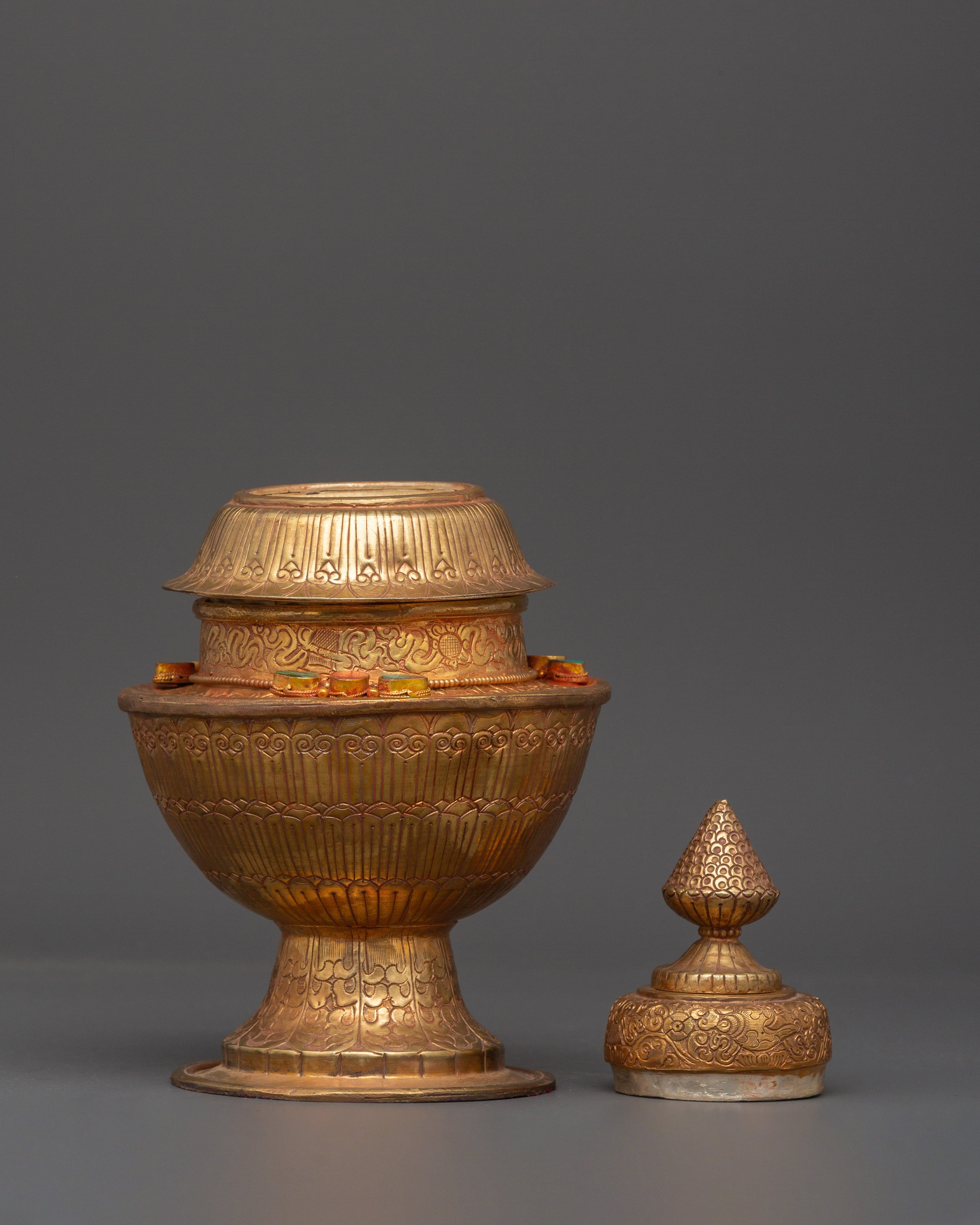 Copper Rice Pot for Ritual Offering | Gold Plated Sacred Buddhist Vessel