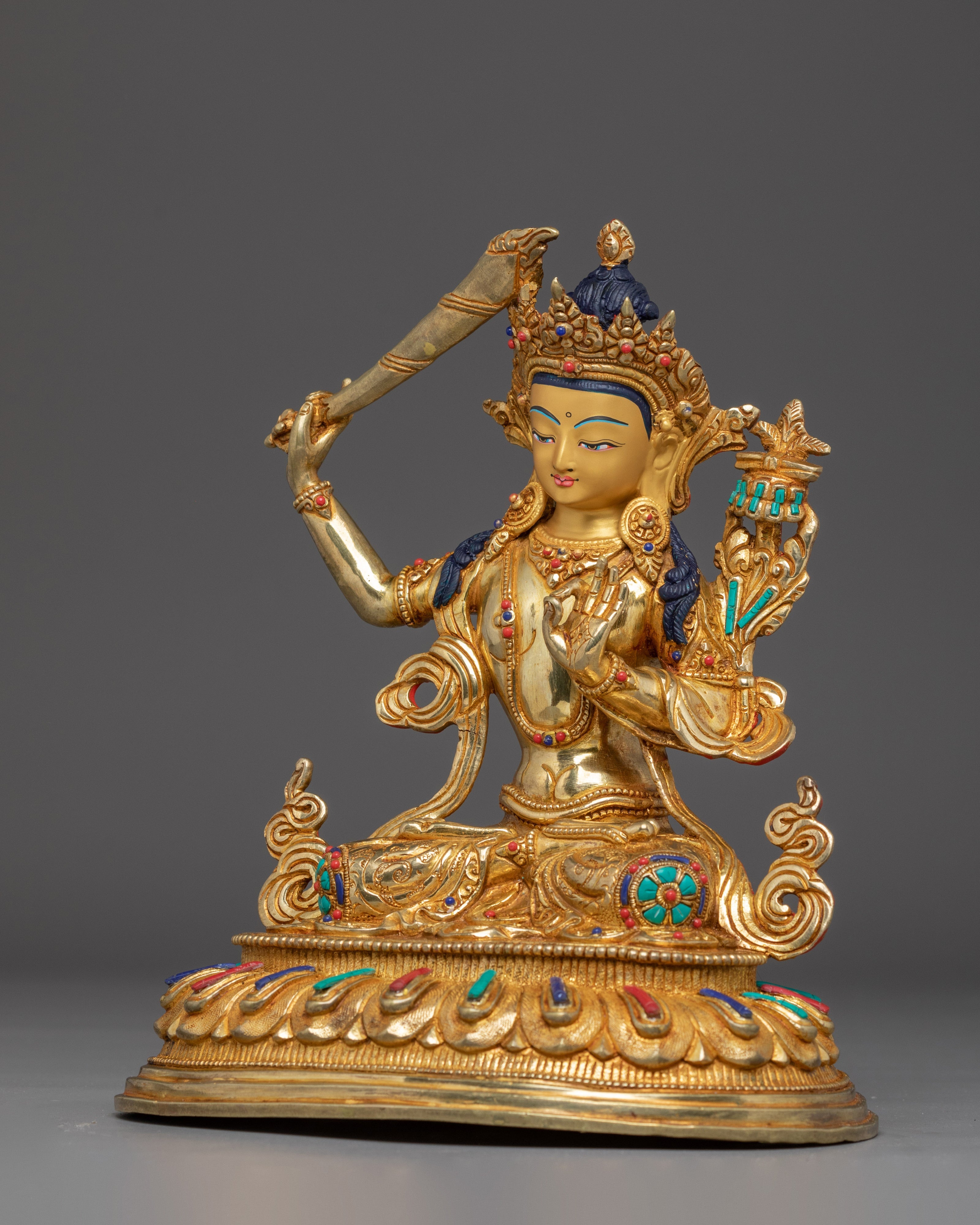 Handmade Manjushri Buddhist Sculpture | Gold Plated Manjushri Statue | Copper & Brass