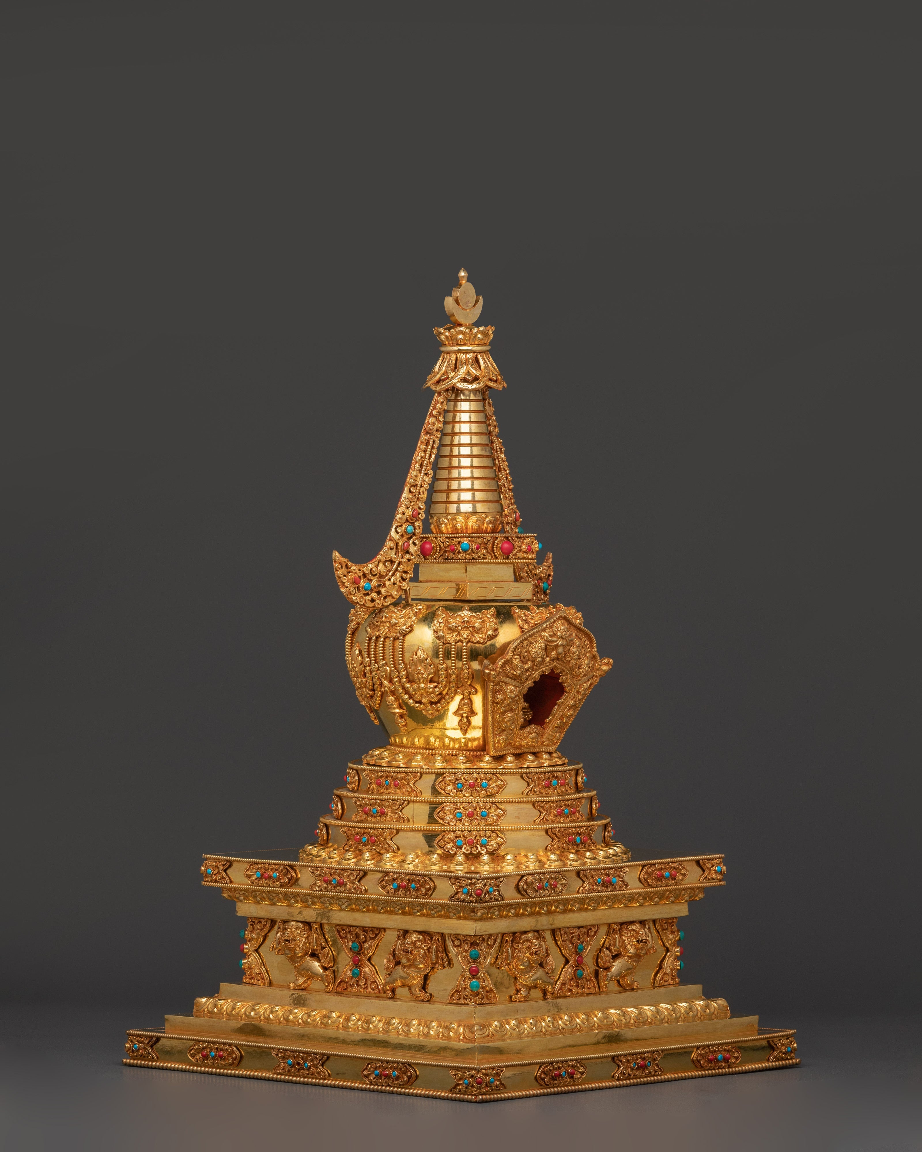Gold-Plated Copper Buddhist Stupa for Tibetan Altar