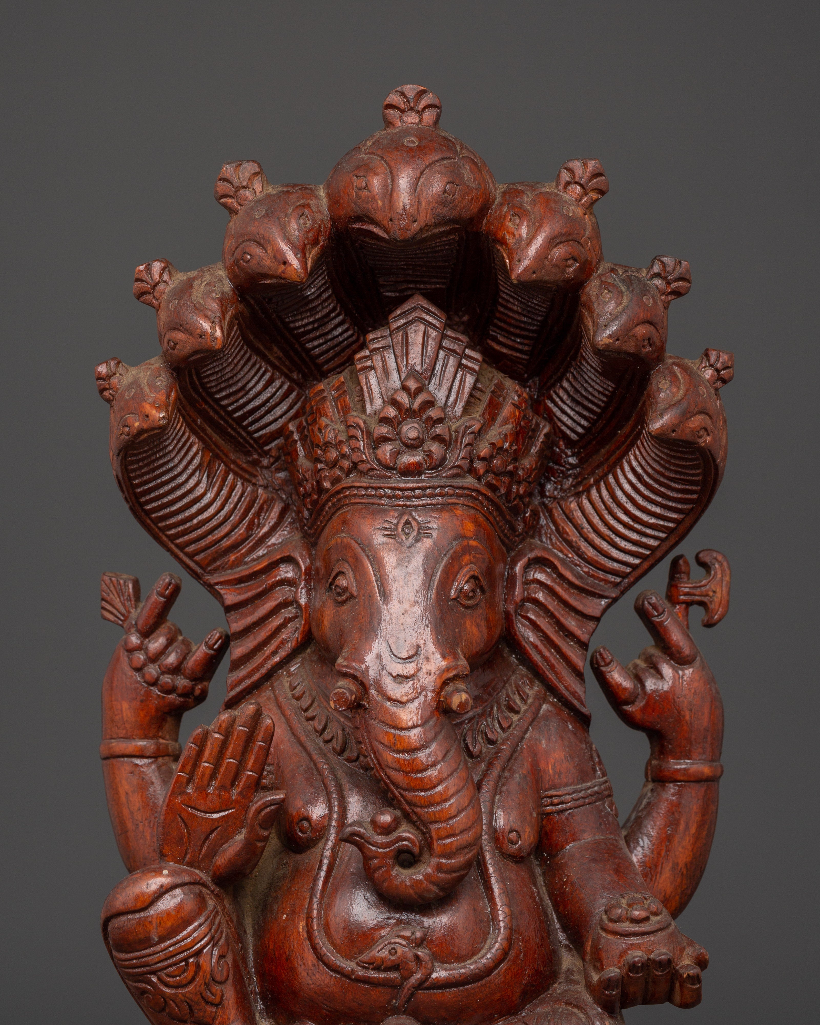 Handcrafted Wooden Ganesha Sculpture | Hindu Elephant Deity Figurine