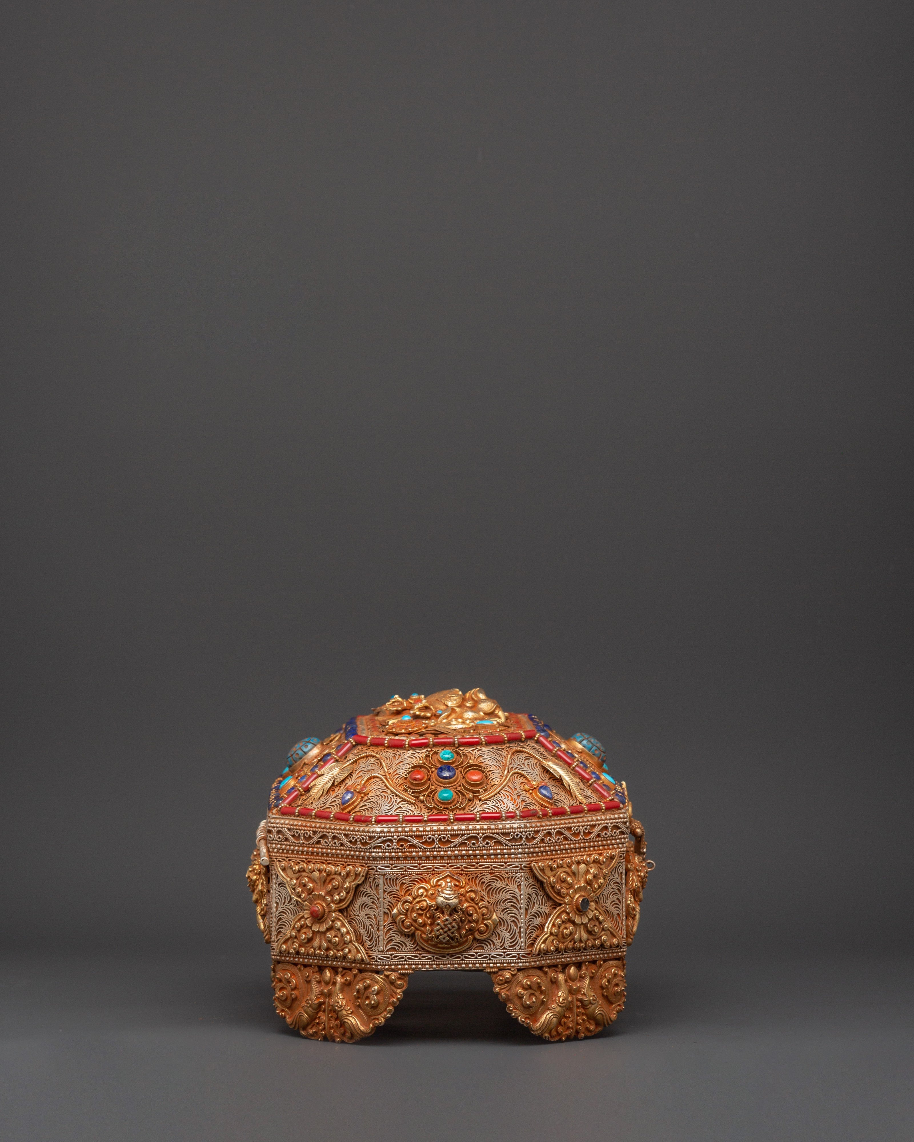 Tibetan Decorative Treasure Box | Buddhist Treasure Box with Turquoise & Coral Inlays