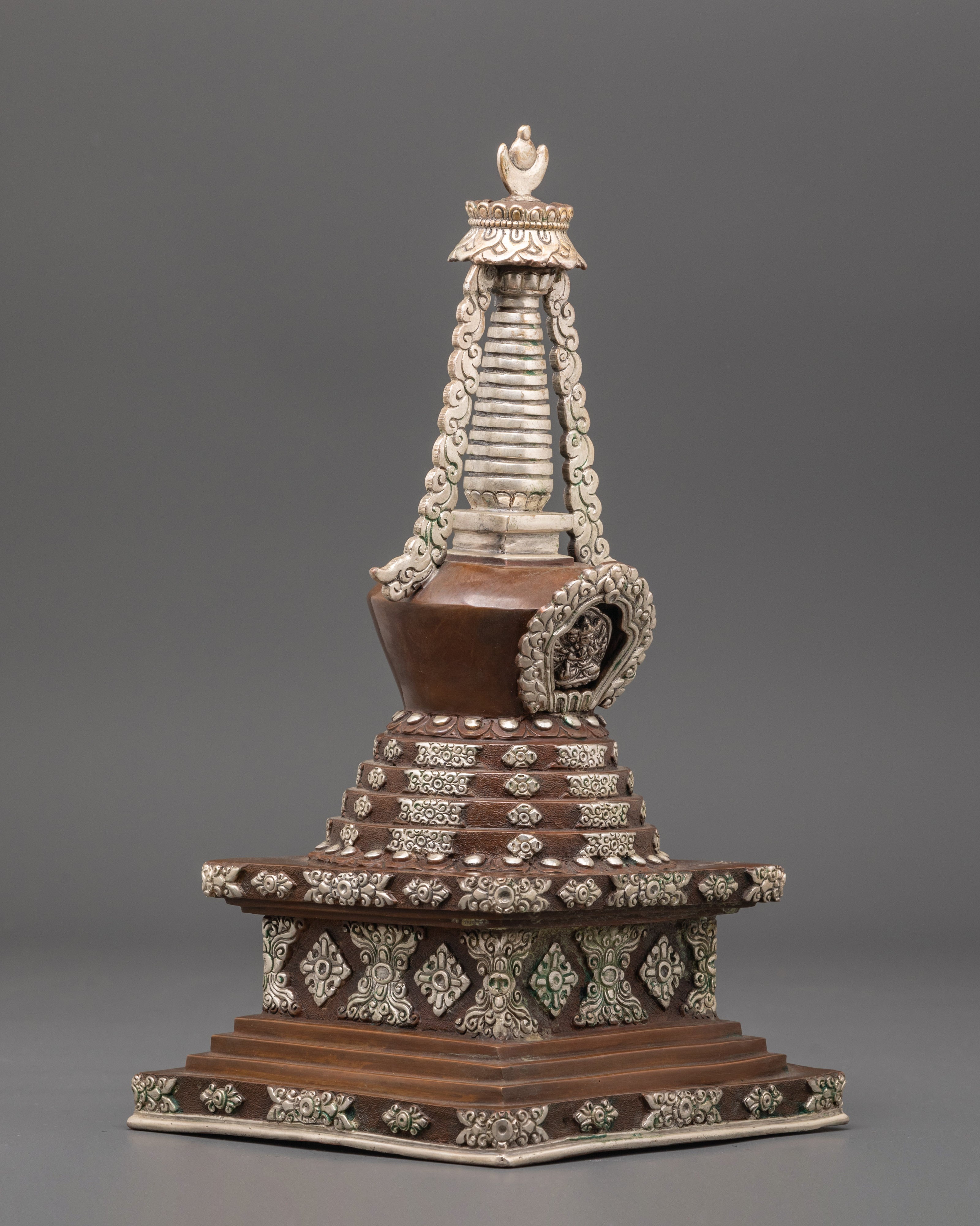 Handcrafted Stupa with Protective Deity | Silver Plated Tibetan Stupa