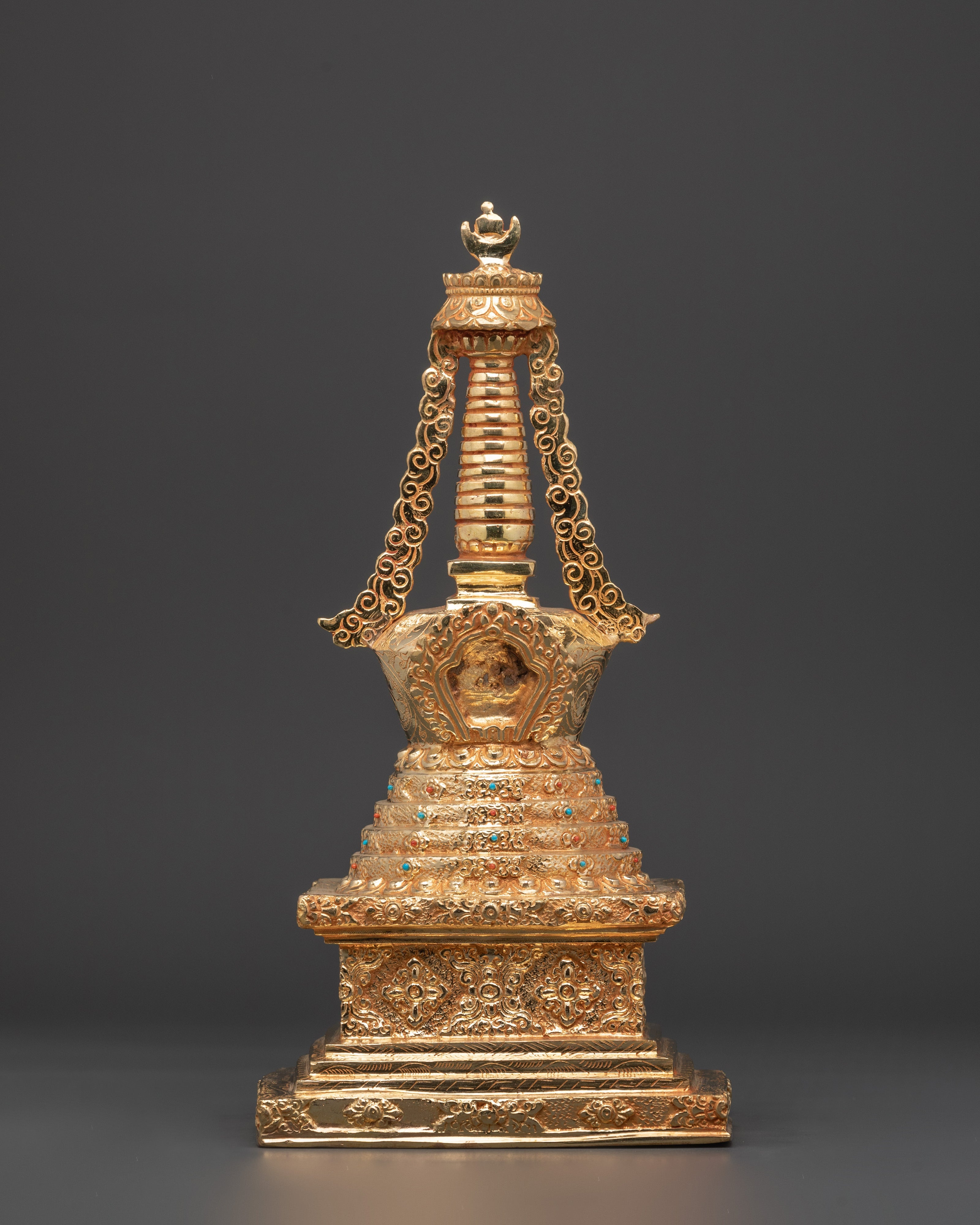 Gold-Plated Stupa Ritual Artifact | Handcrafted Copper Tibetan Stupa w