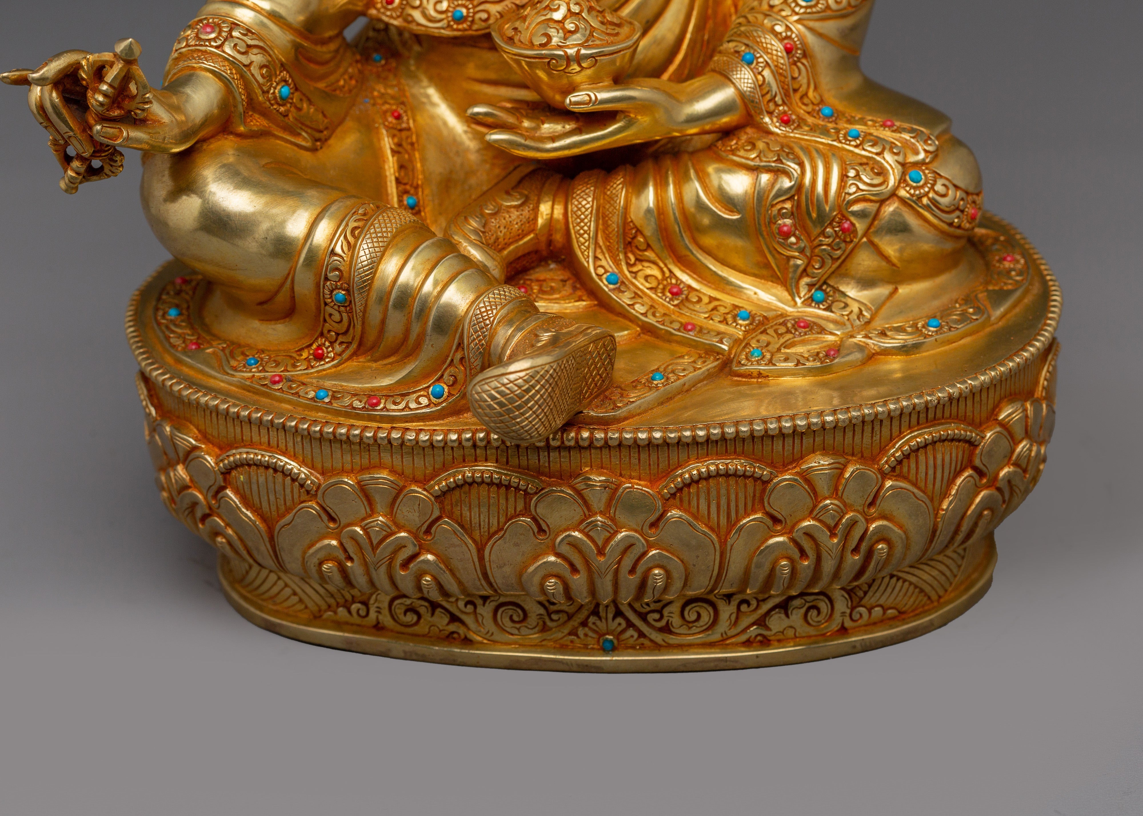 Guru Rinpoche Statue 24K Gold Gilded | Gemstone Inlaid Copper Sculpture
