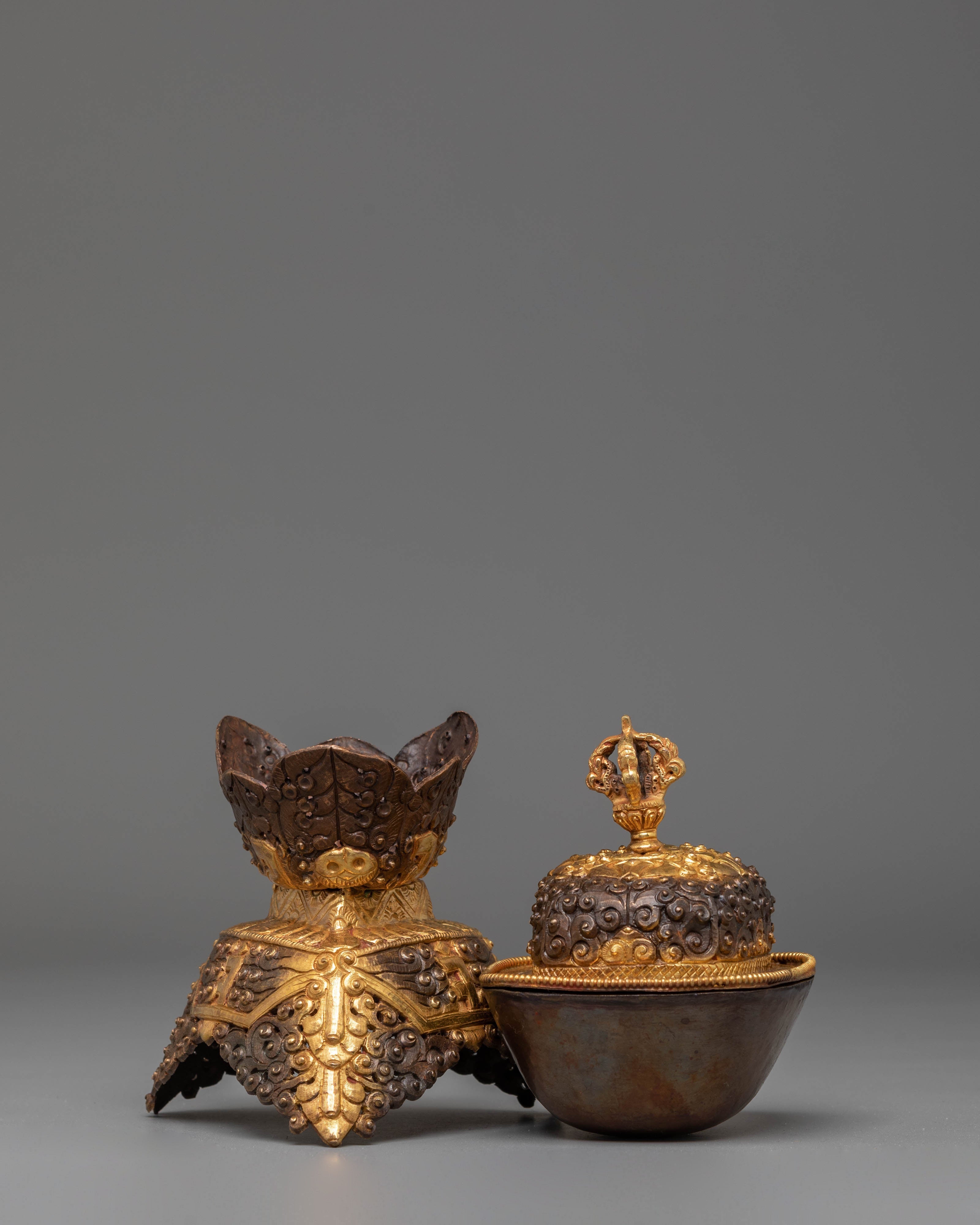 Handmade Kapala Sacred Ritual Set | Gold Plated Tibetan Offering Set