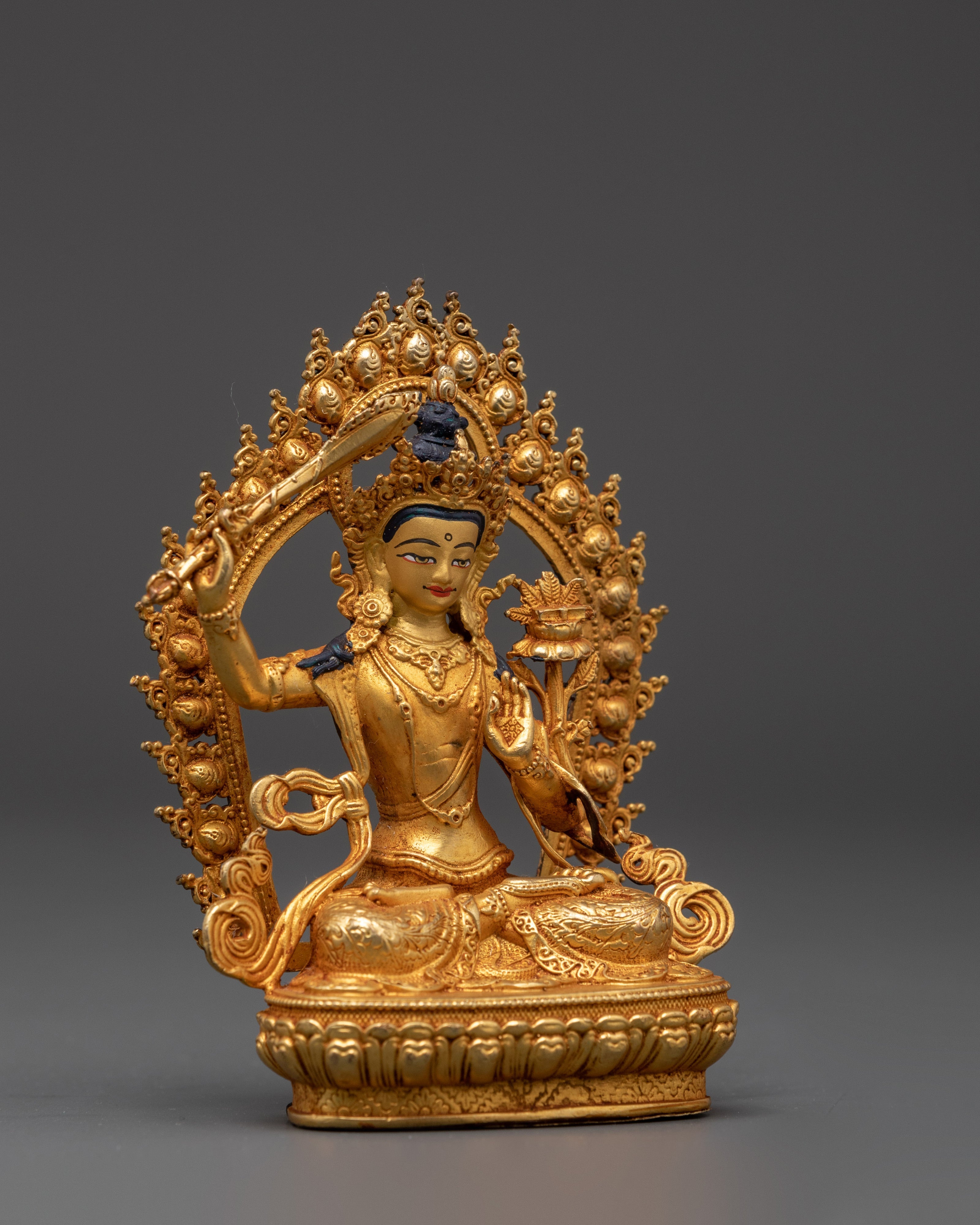 Manjushri Mahayana Deity Statue | Wisdom Bodhisattva in Gold-Plated Copper