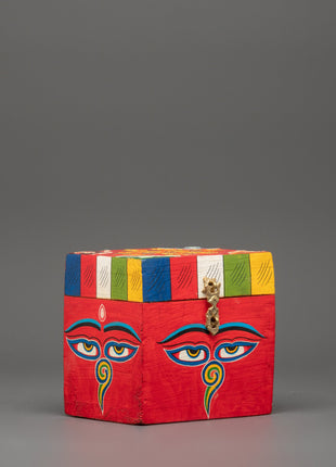 Wooden Box with Buddha Eyes | Tibetan Prayer Flag Colors