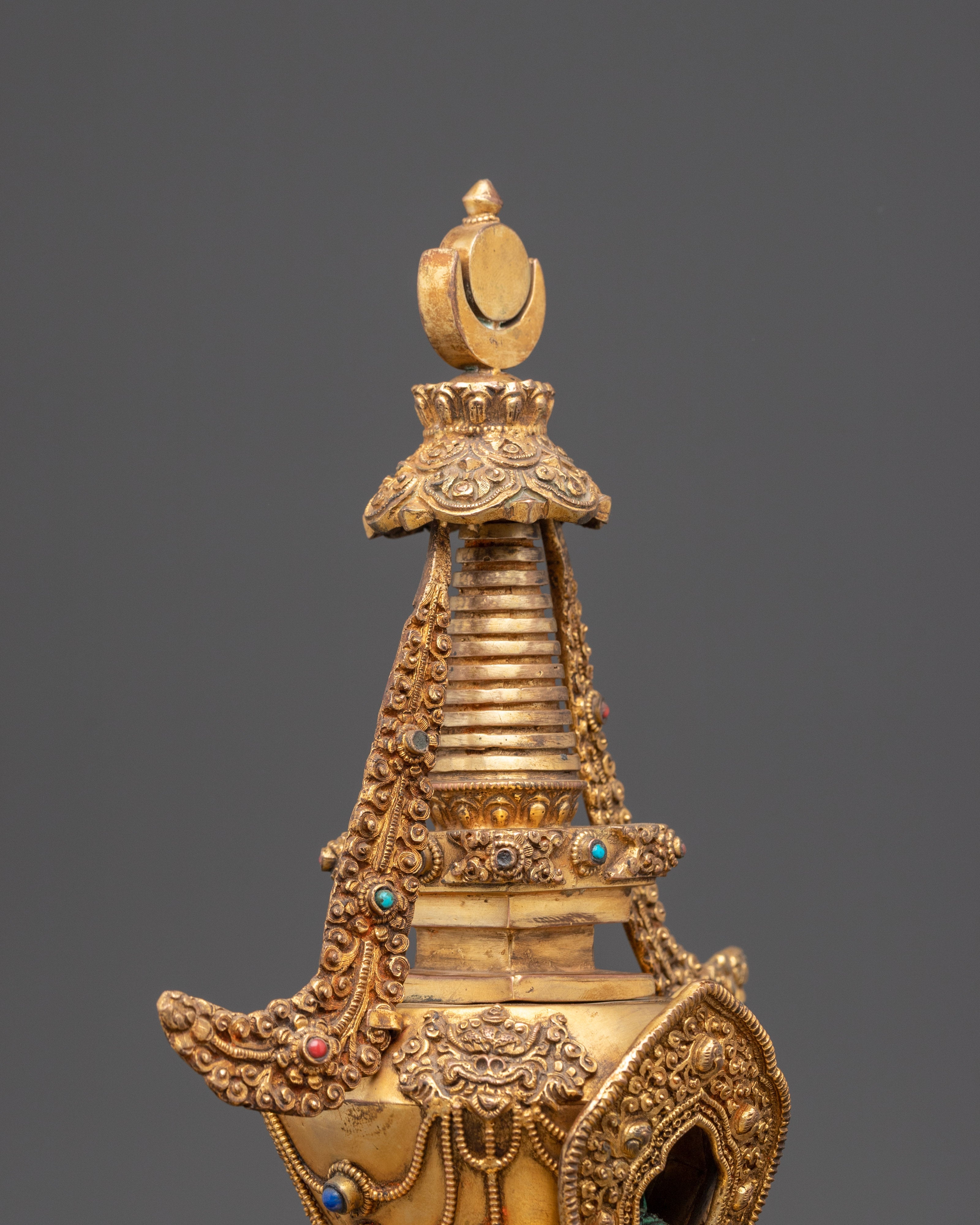 Sacred Stupa Containing Amitābha Buddha | Gold Plated Copper with Turquoise Inlay