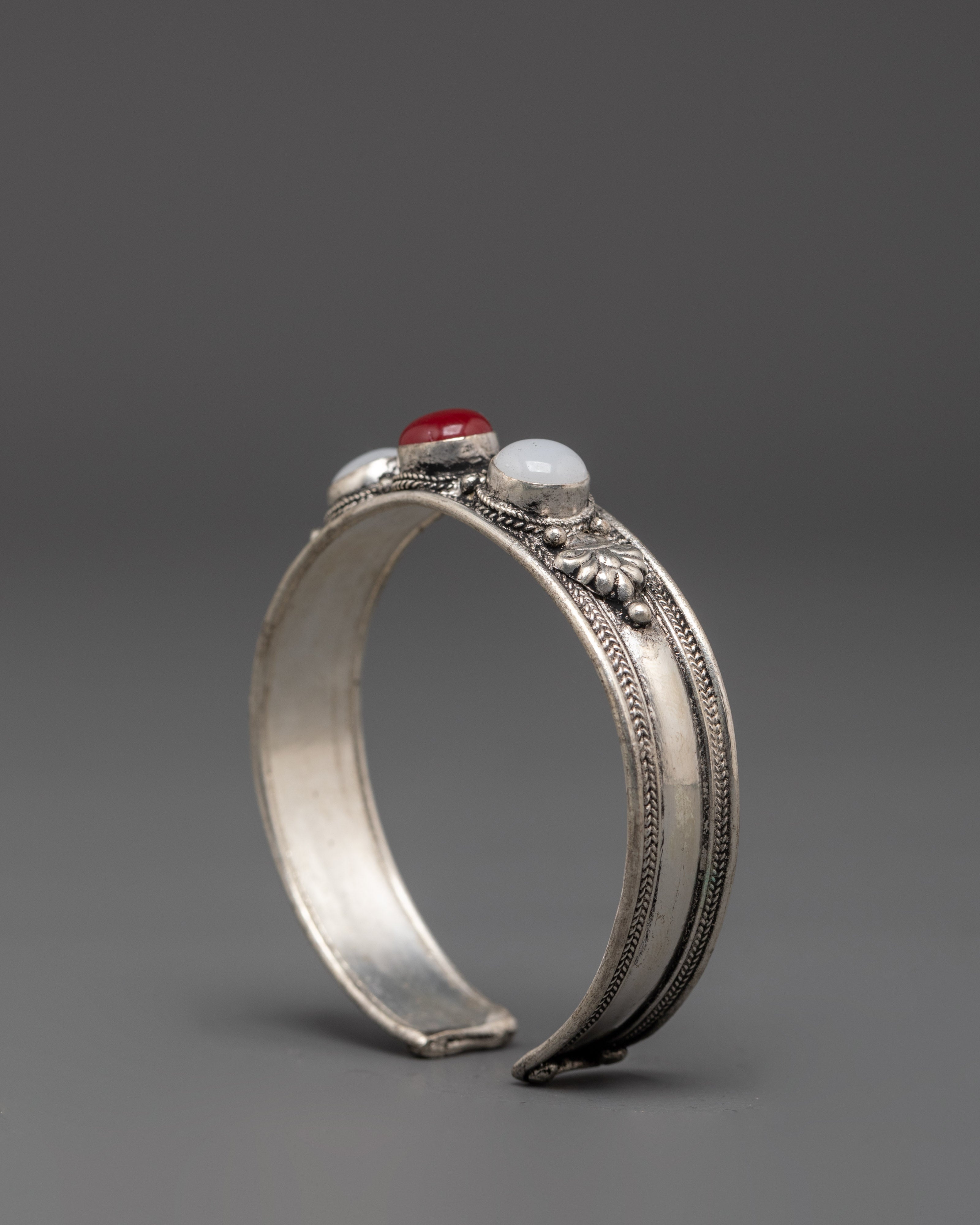 Handcrafted Himalayan Cuff Bracelet | White Agate Red Coral Jewelry