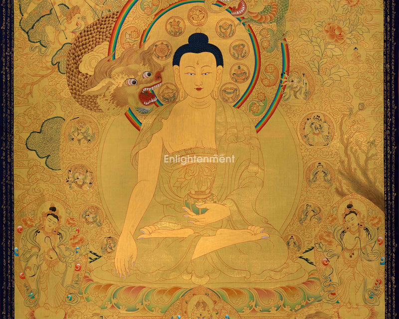 Divine Gautama Buddha Art | Shakyamuni Thangka in Glorious Gold | Traditional Hand Painted Thangka Art