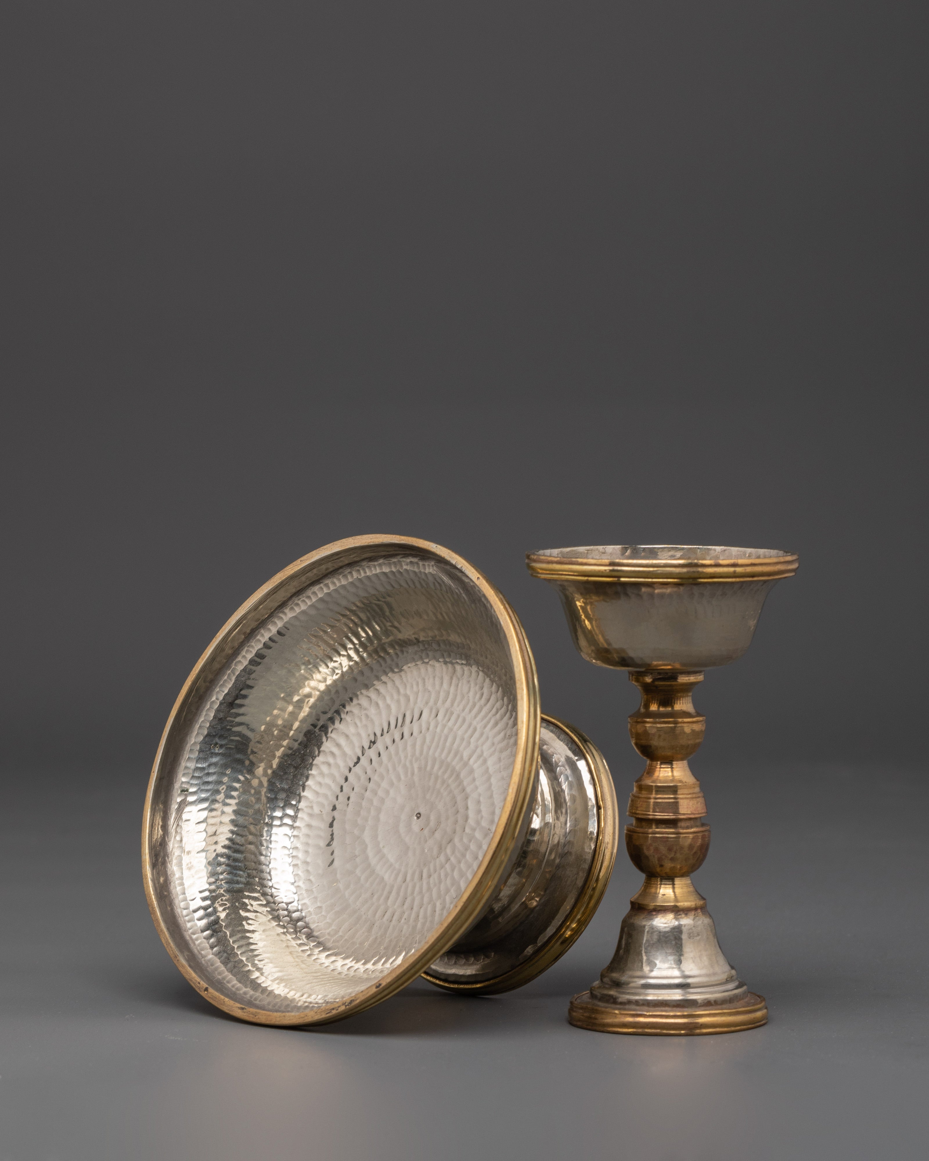 Handmade Serkyem Set for Offering | White Metal and Copper Buddhist Offering Vessel