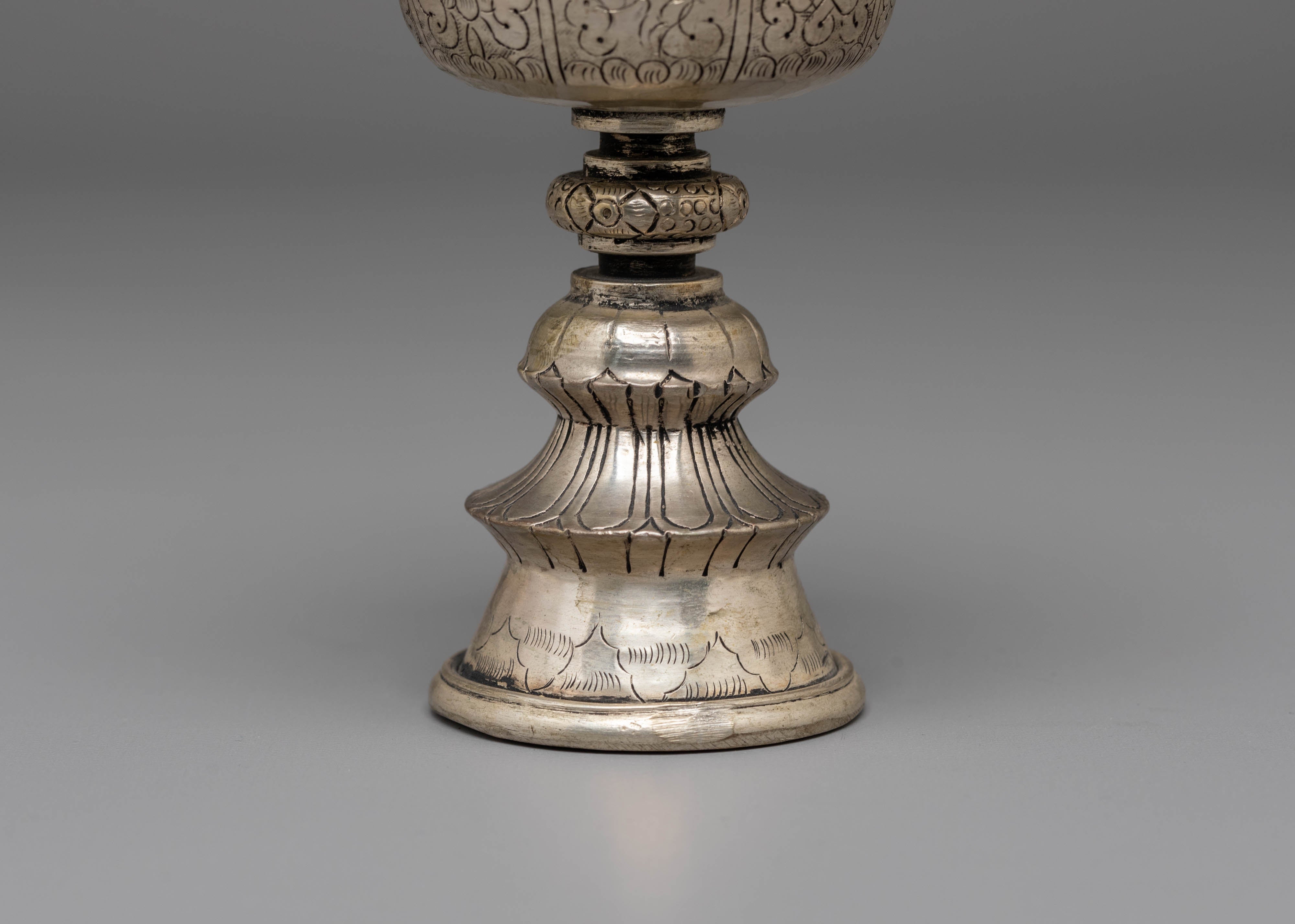 Handmade Buddhist Dharma Offering Lamp | Silver Plated Copper Ritual Light