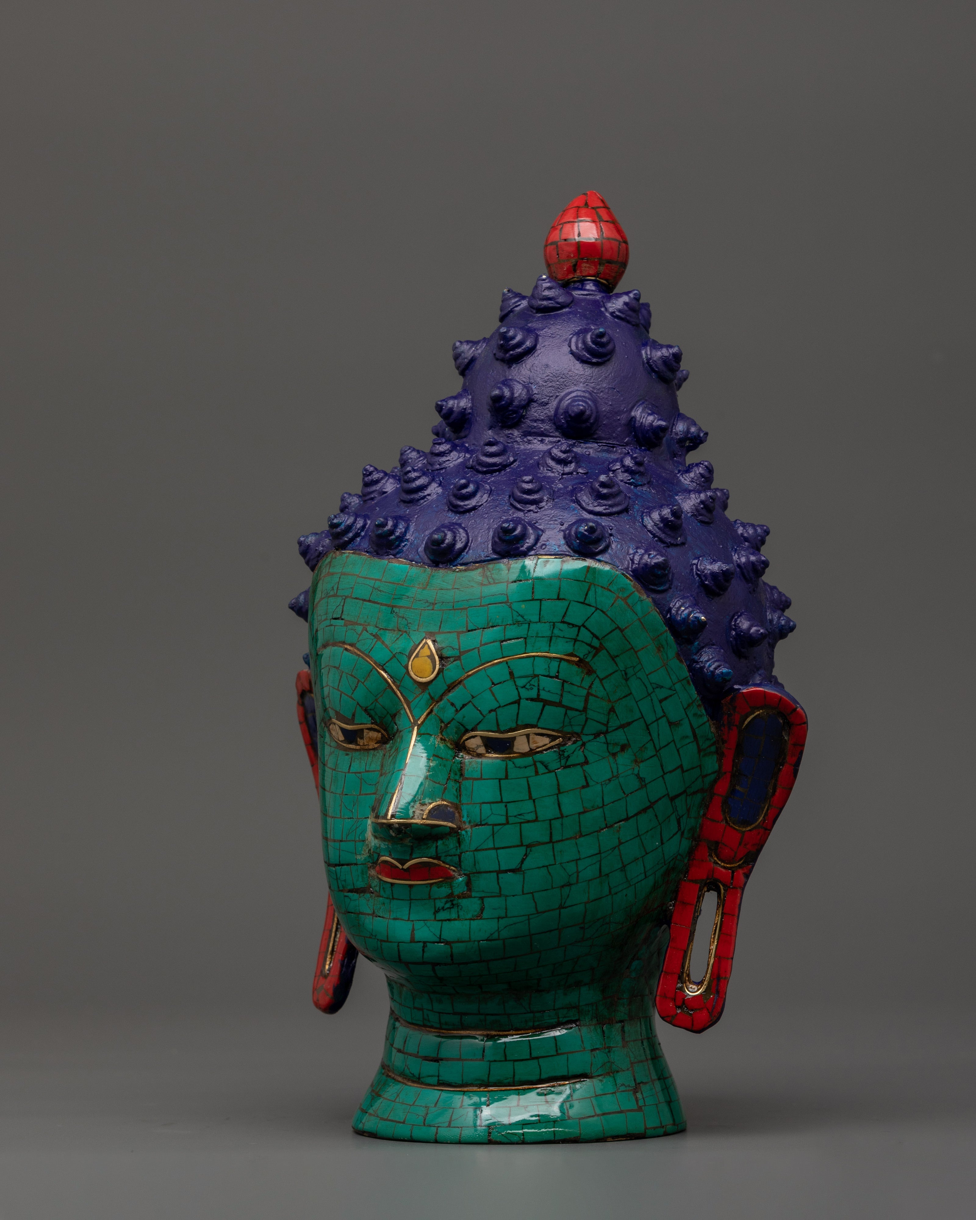 Brass Buddha Head Statue with Turquoise | Peaceful Spiritual Decor