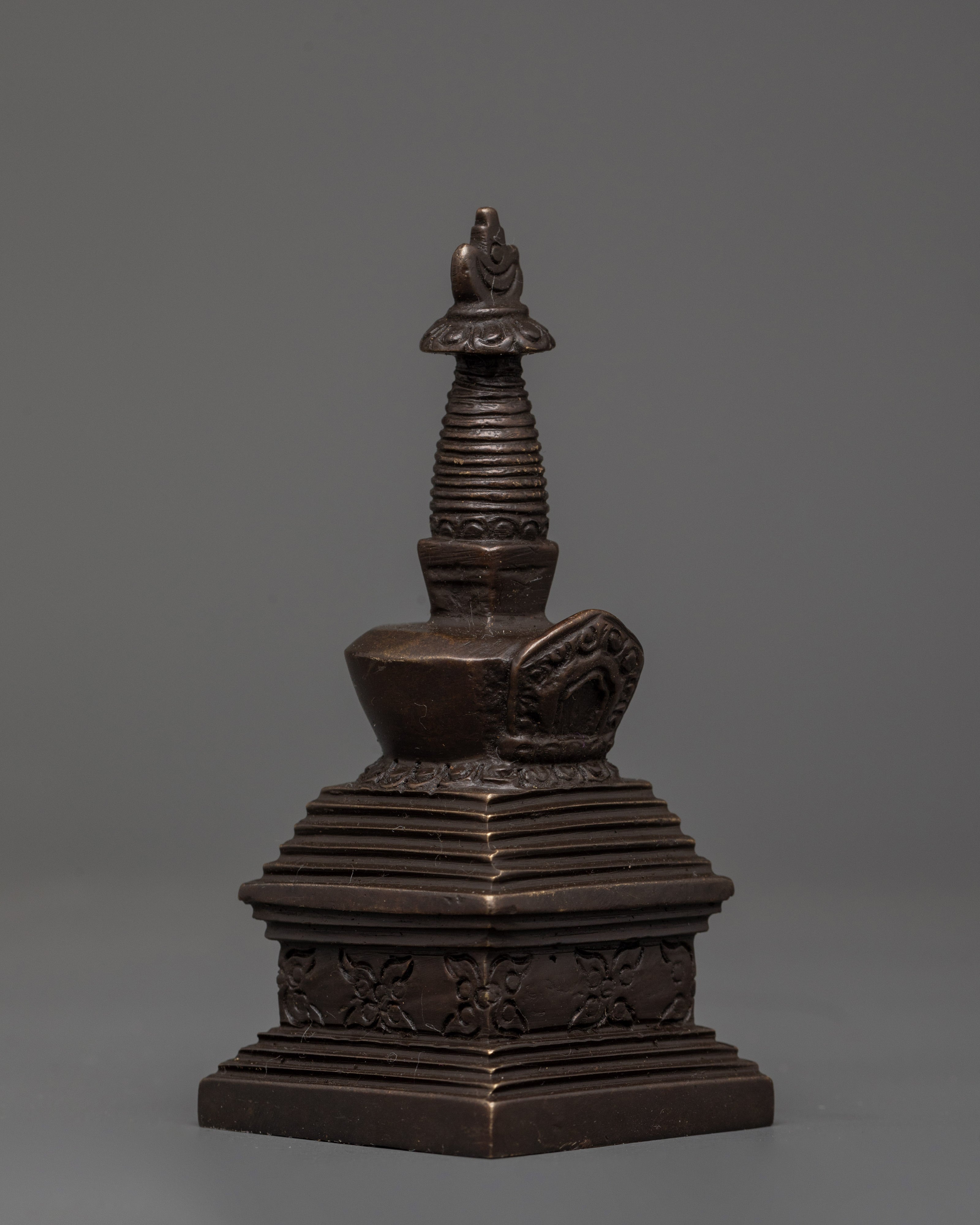 Handcrafted Oxidized Brass Tibetan Stupa | Religious Decorative Buddhist Shrine