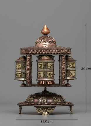 Sacred Buddhist Prayer Wheel | Copper & Brass Multi-Barrel Mani