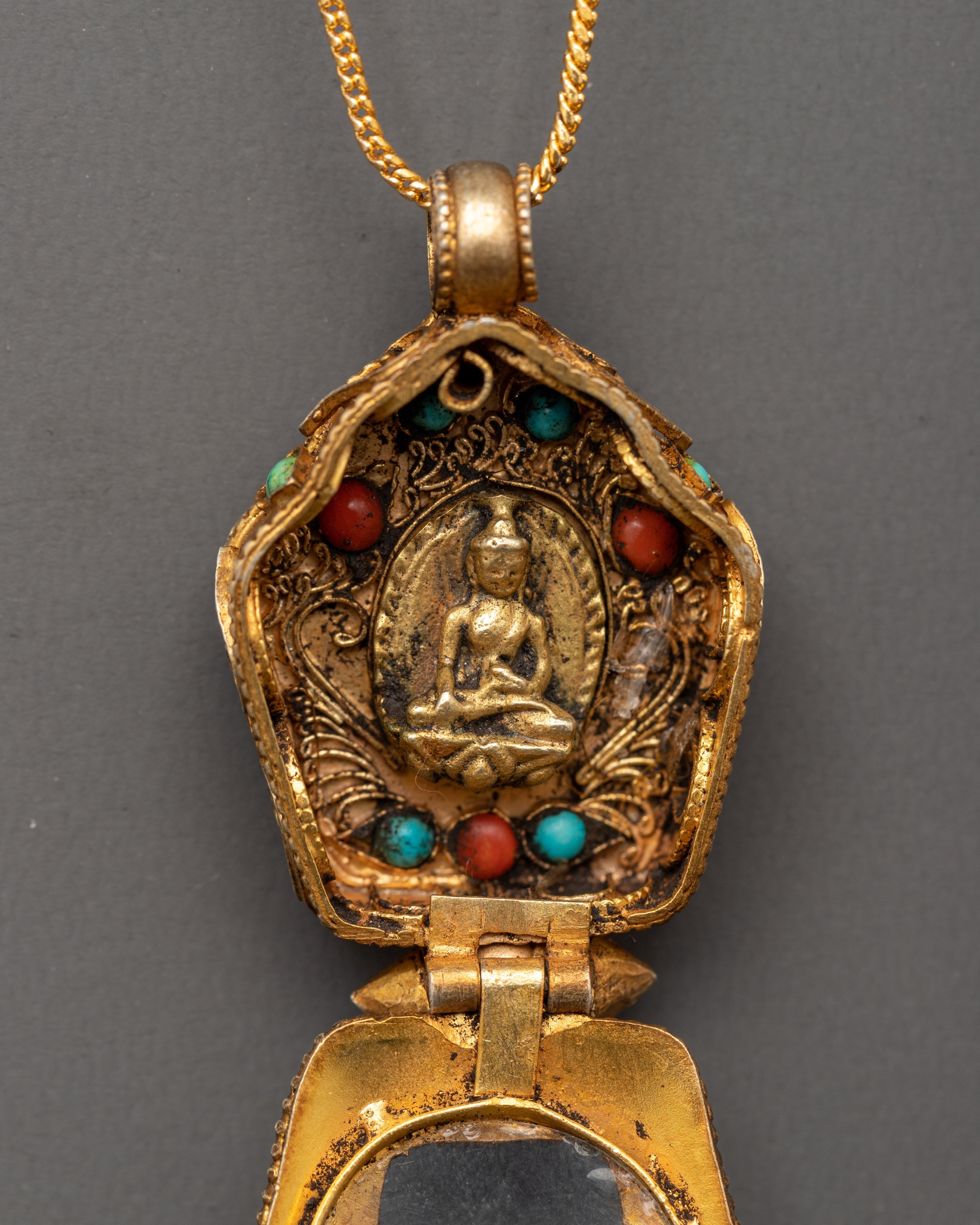Ghau Box Locket with Shakyamuni Buddha | Tibetan Copper Prayer Box Amulet