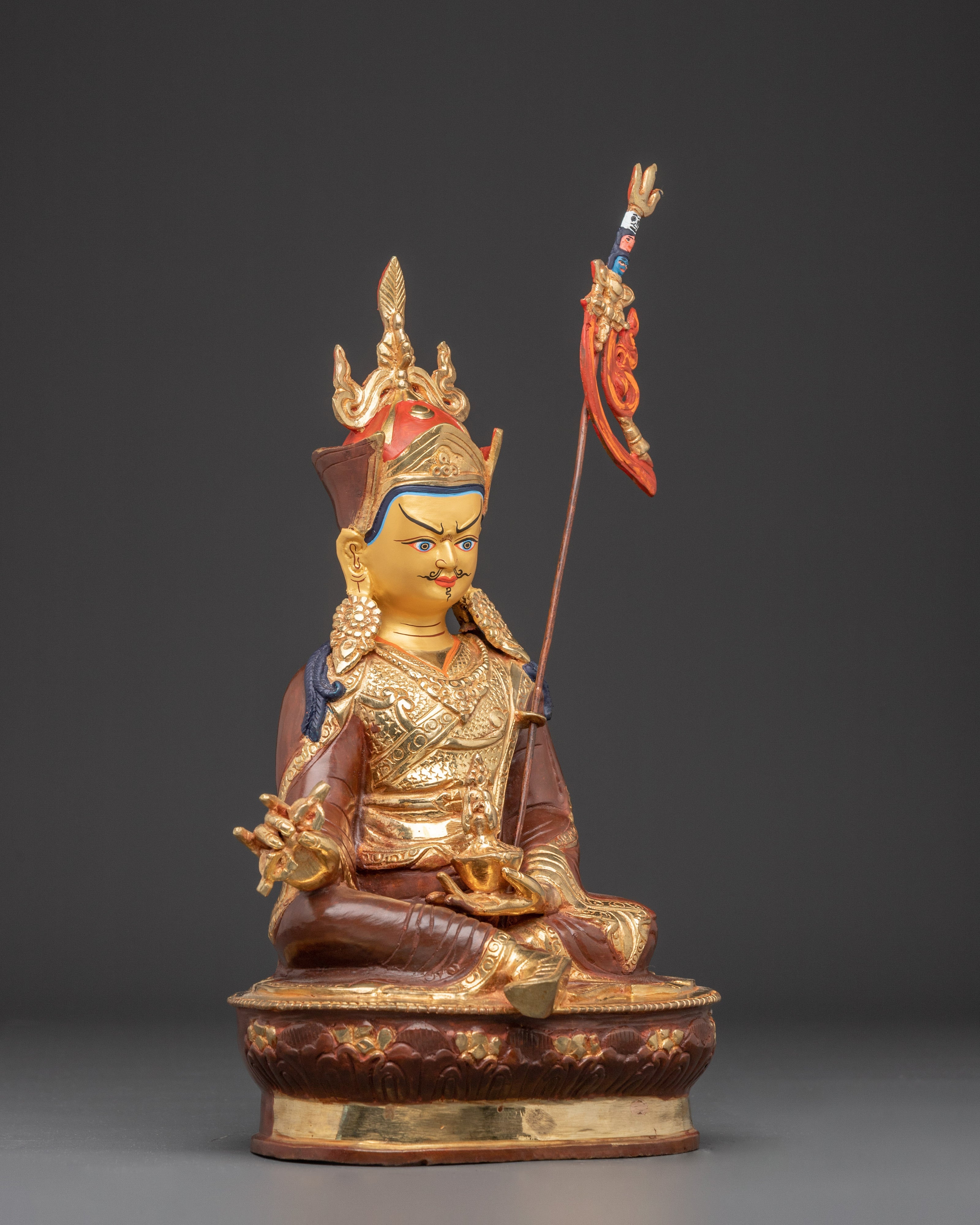 Handmade Tibetan Guru Rinpoche Statue | Copper Gold-Plated and Acrylic Sculpture