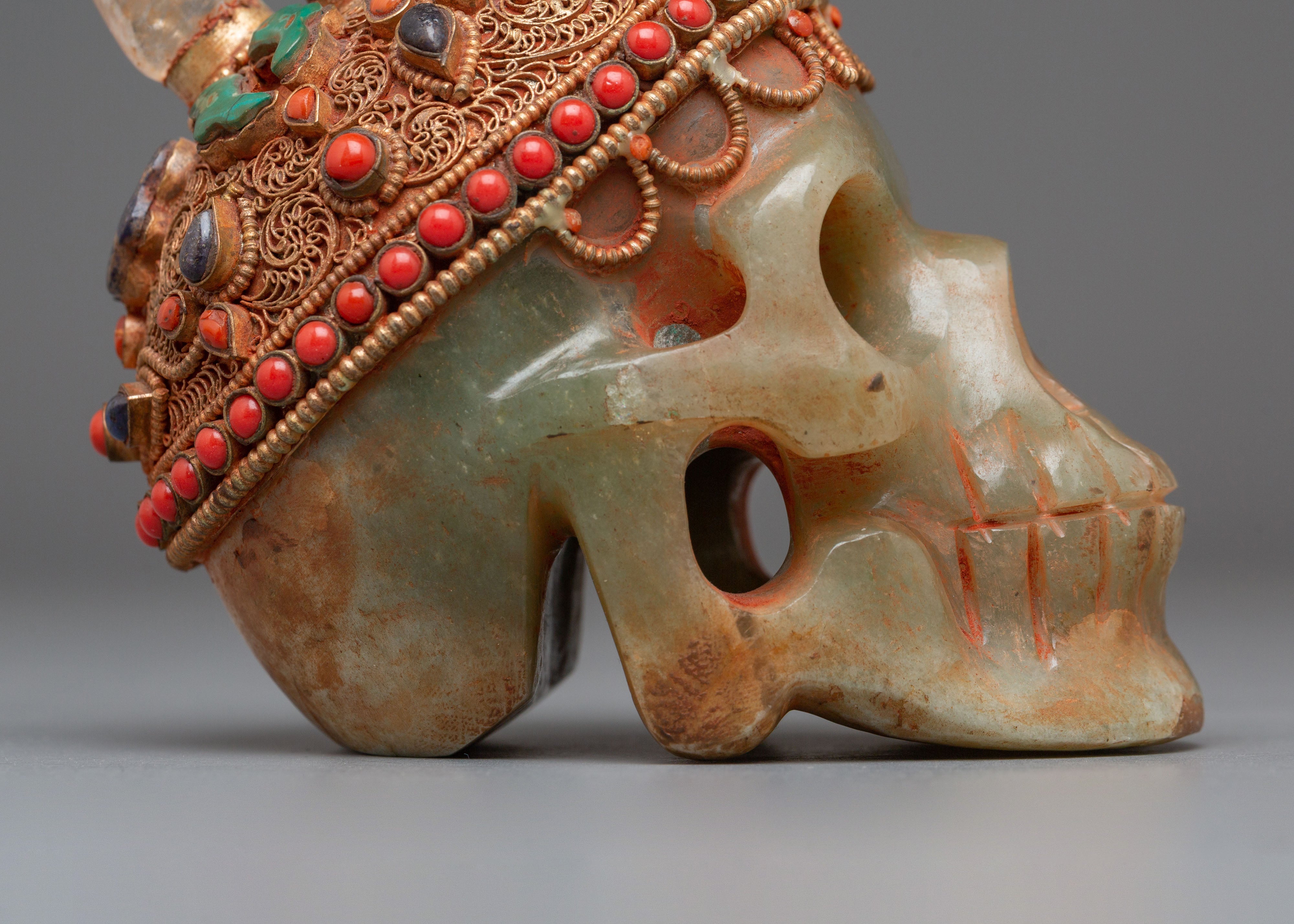 Handcrafted Skull Sculpture | Crystal and Copper Art with Turquoise & Coral