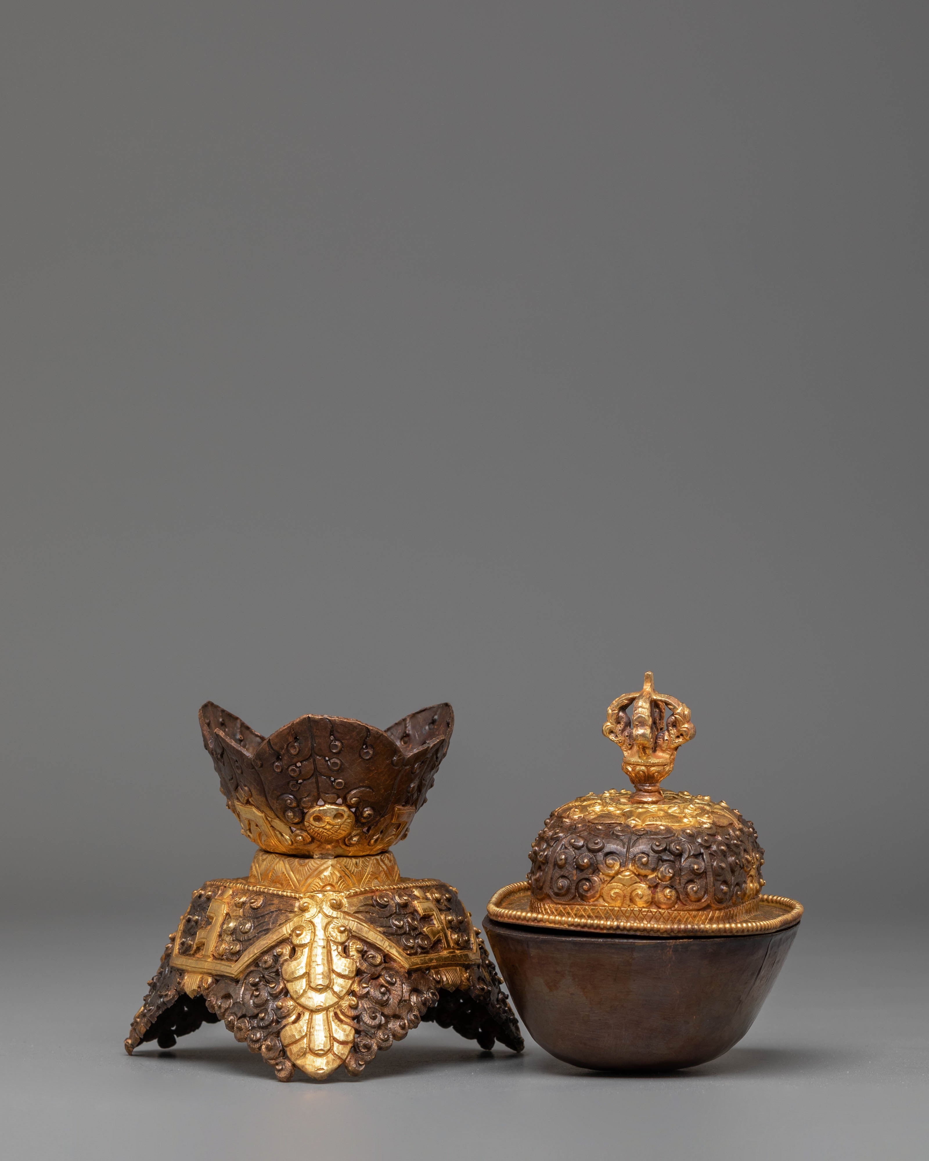 Handmade Kapala Sacred Ritual Set | Gold Plated Tibetan Offering Set