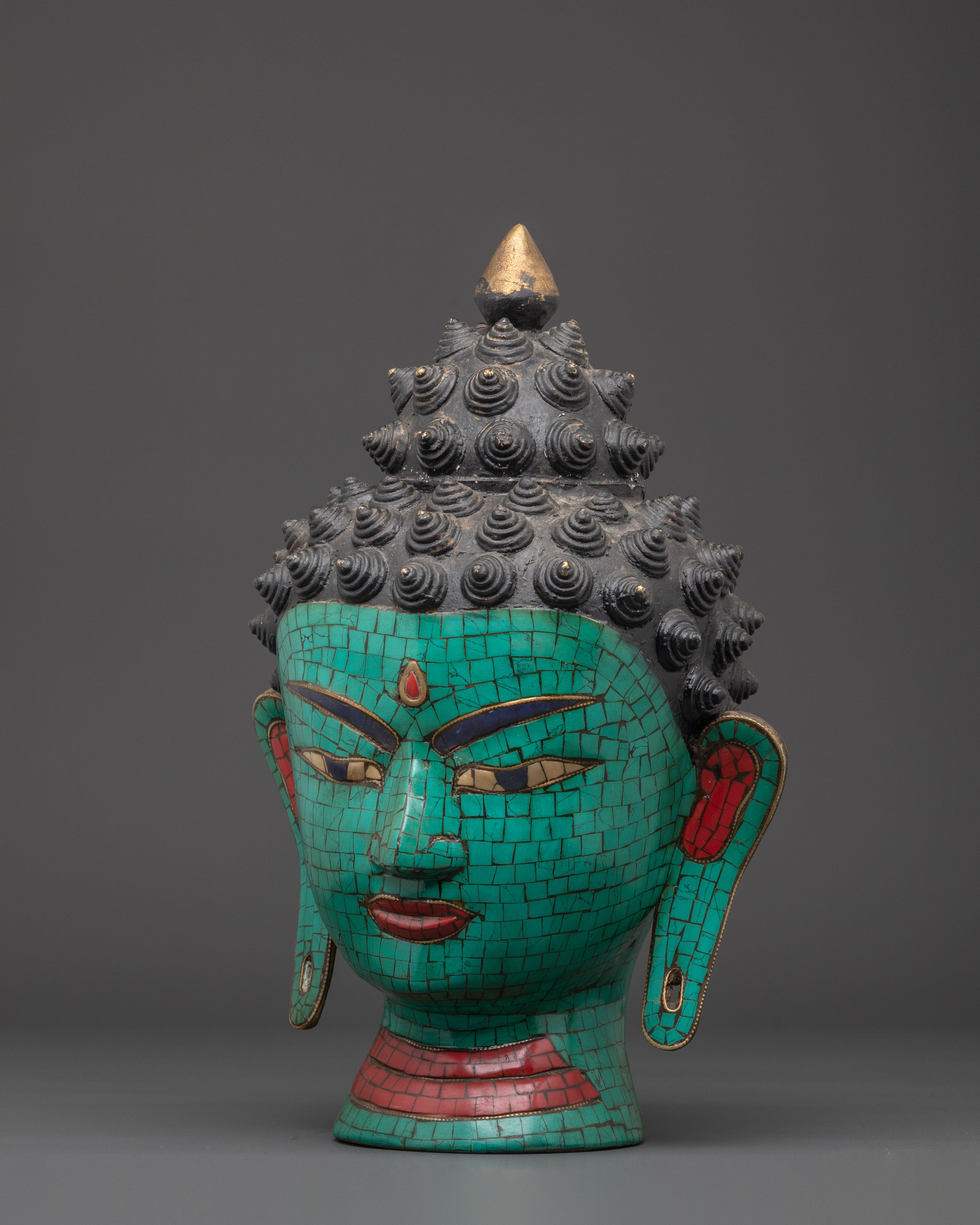 Turquoise Buddha Head Statue | Coral and Turquoise Inlaid