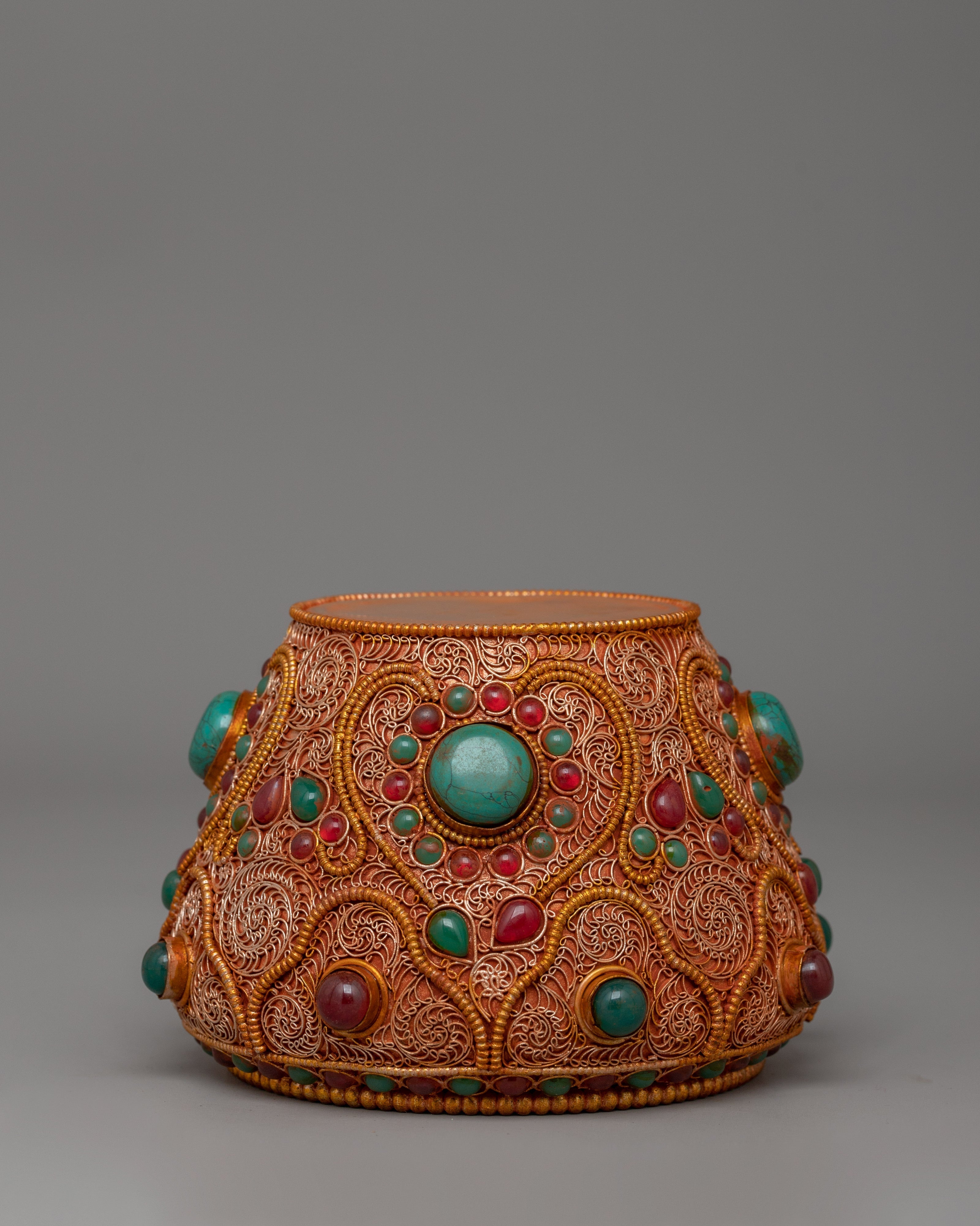 Tibetan Golpa Bowl with Coral | Sacred Buddhist Ritual Decor