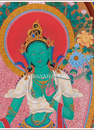 Compassionate Goddess Green Tara’s Enlightened Aura | Artistic Elegance in Giclée Canvas Print