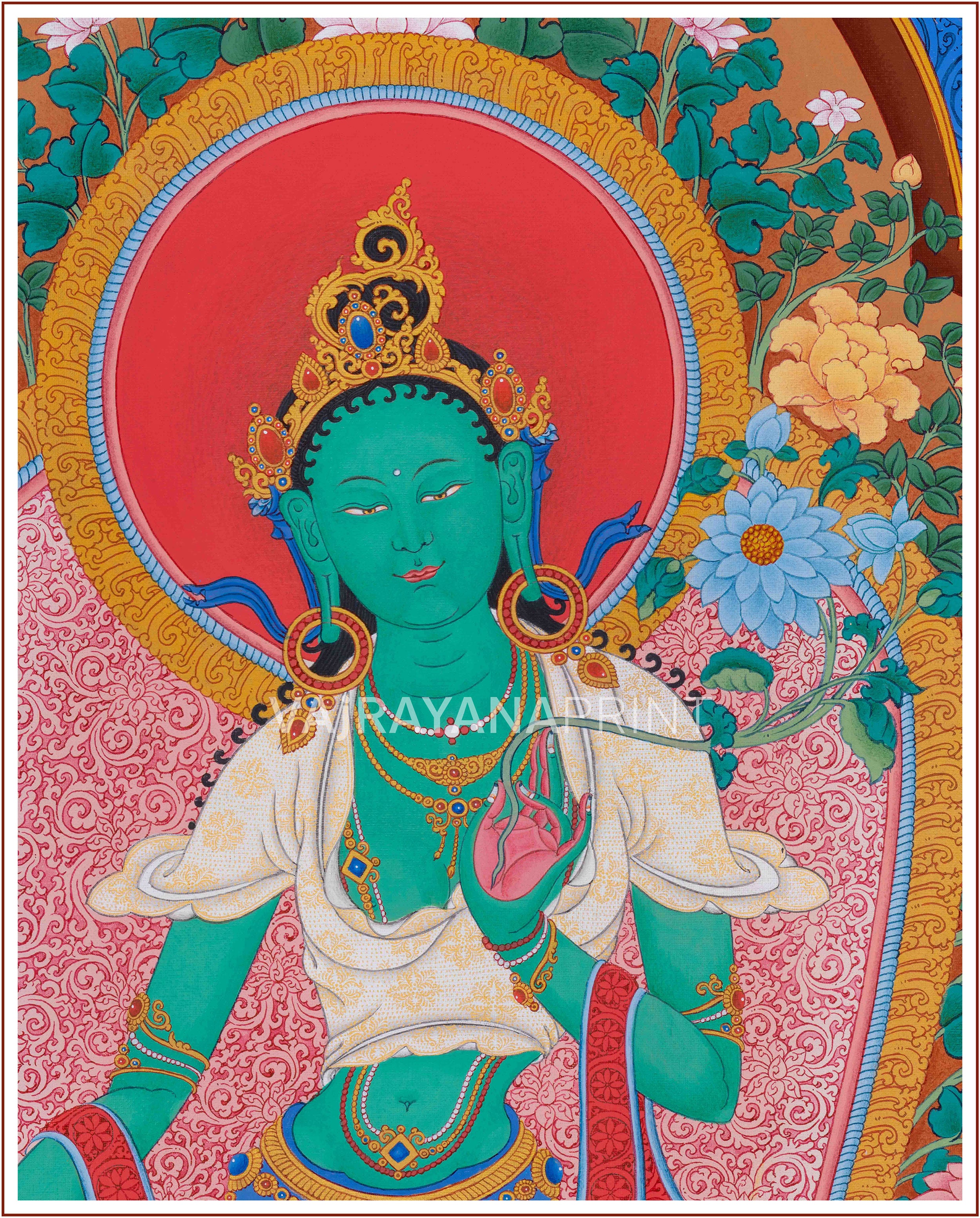 Compassionate Goddess Green Tara’s Enlightened Aura | Artistic Elegance in Giclée Canvas Print