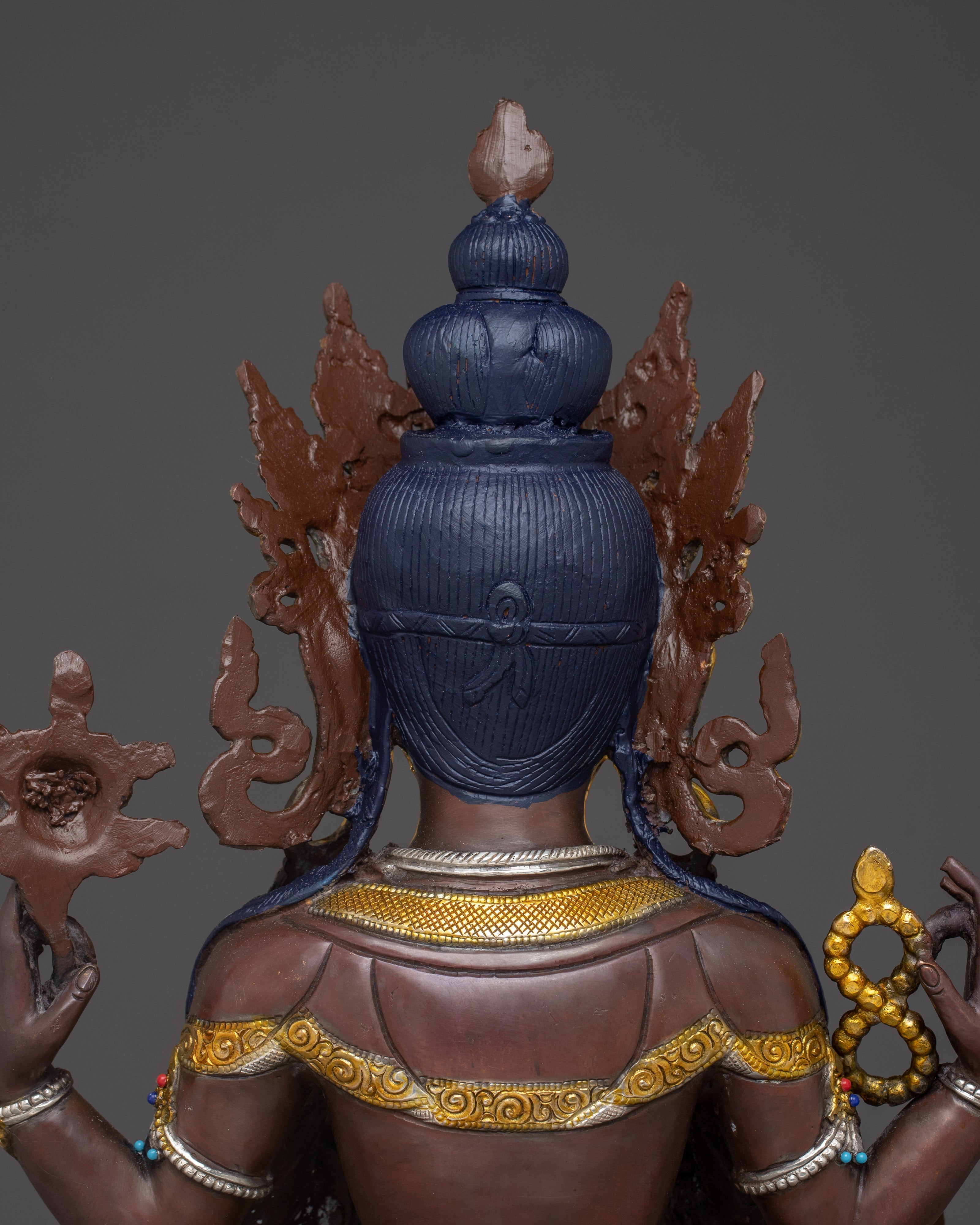 Handcrafted Four-Armed Chenrezig Statue | Oxidized Copper & Gold Plated Figurine