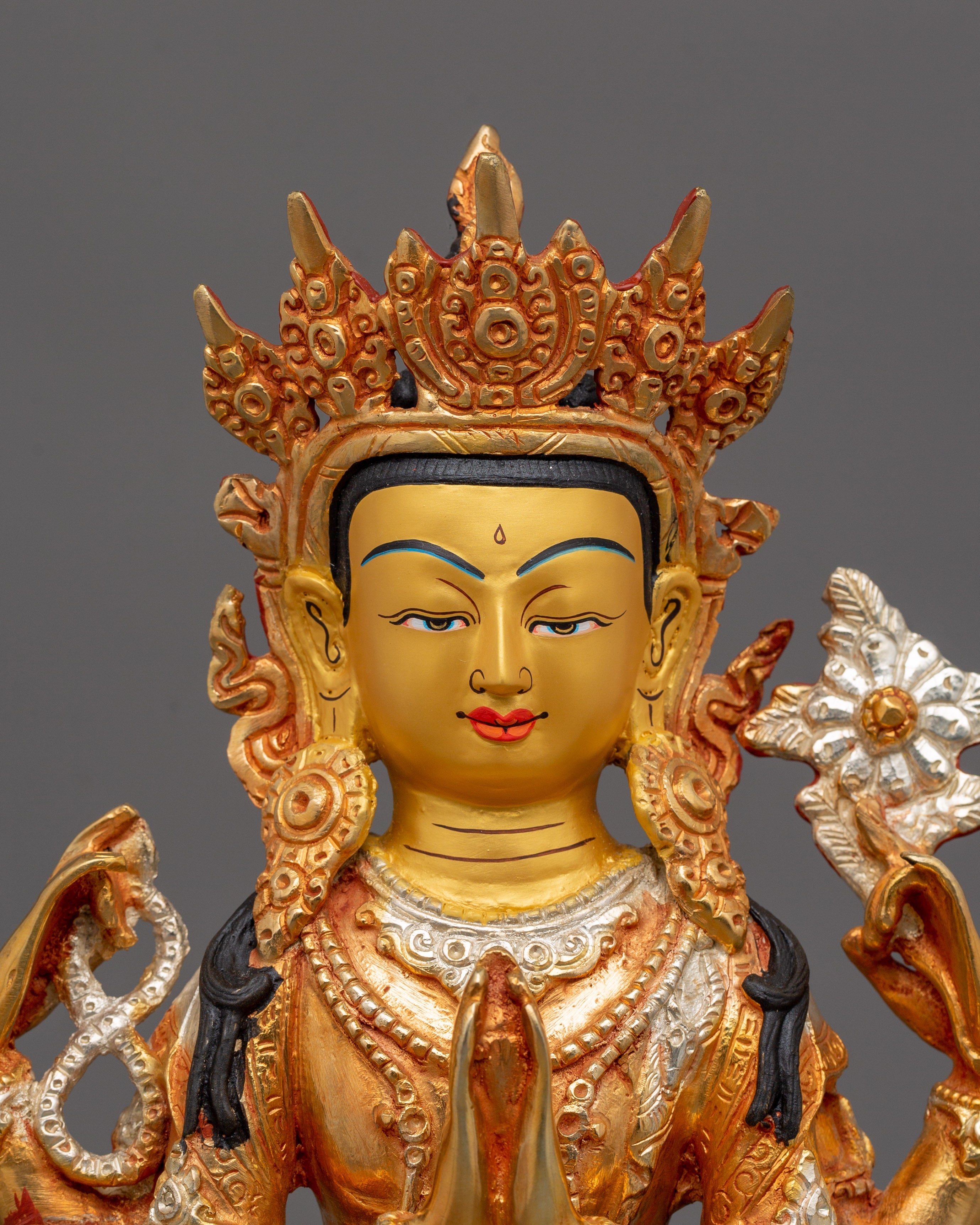 Handmade Chenrezig Meditation Statue | Electro Gold and Silver Plated Tibetan Altar Decor