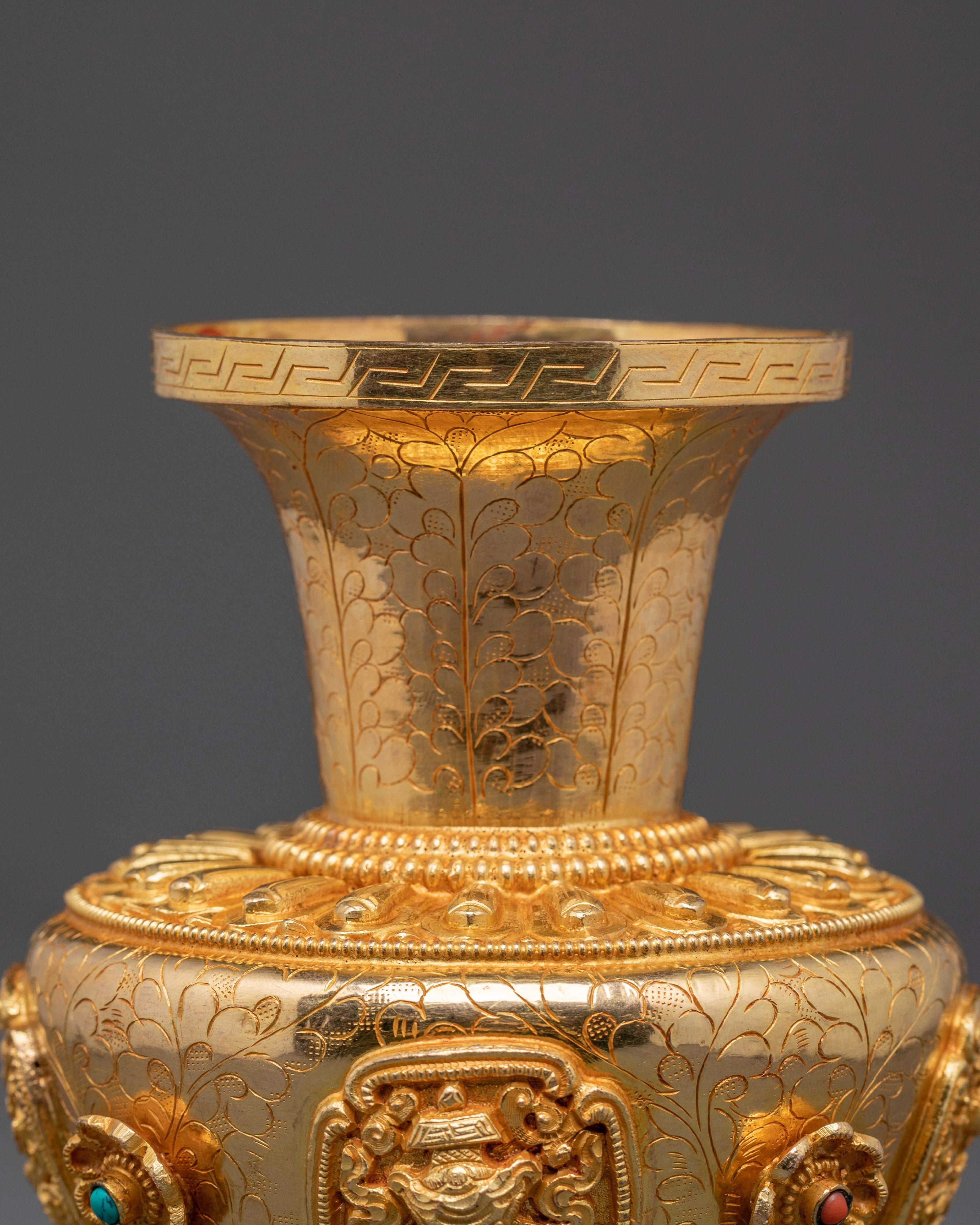 Handcrafted Copper Vase | Tibetan Vase with Coral & Turquoise for Altar