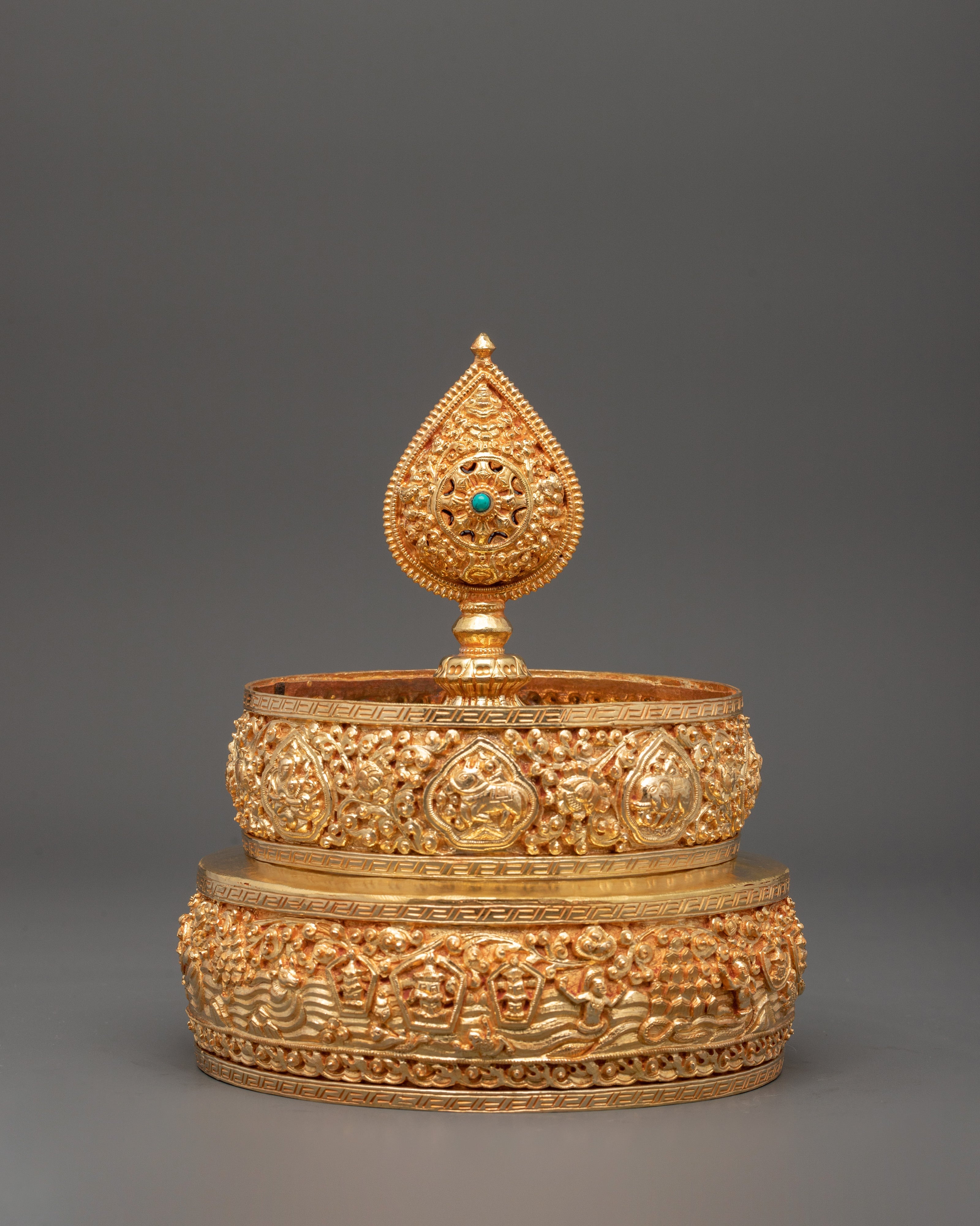 Gold Plated Tibetan Mandala Offering Set with Turquoise Stone | Spiritual Offering