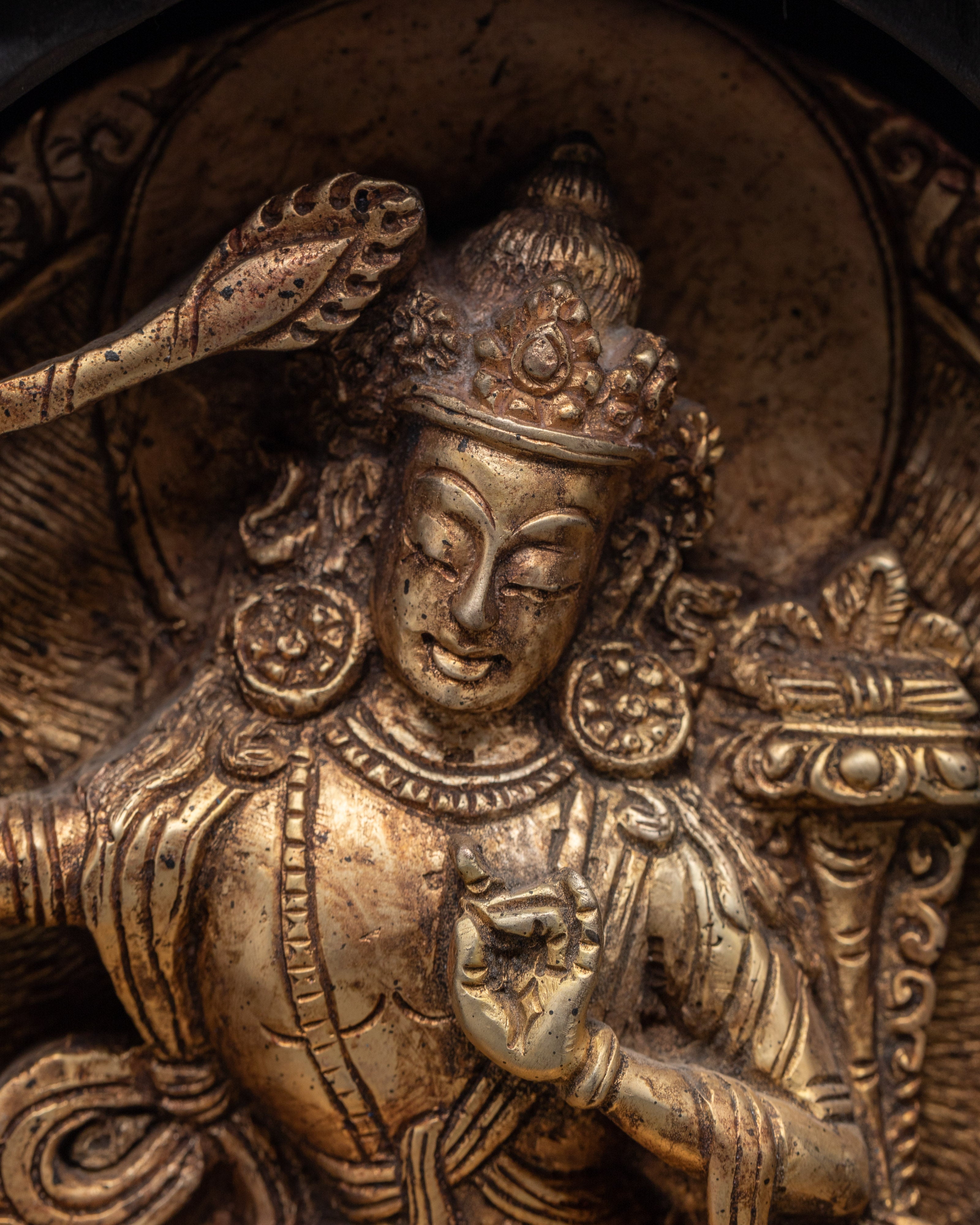 Gold Plated Manjushri Statue with Wooden Frame | Tibetan Bodhisattva of Wisdom