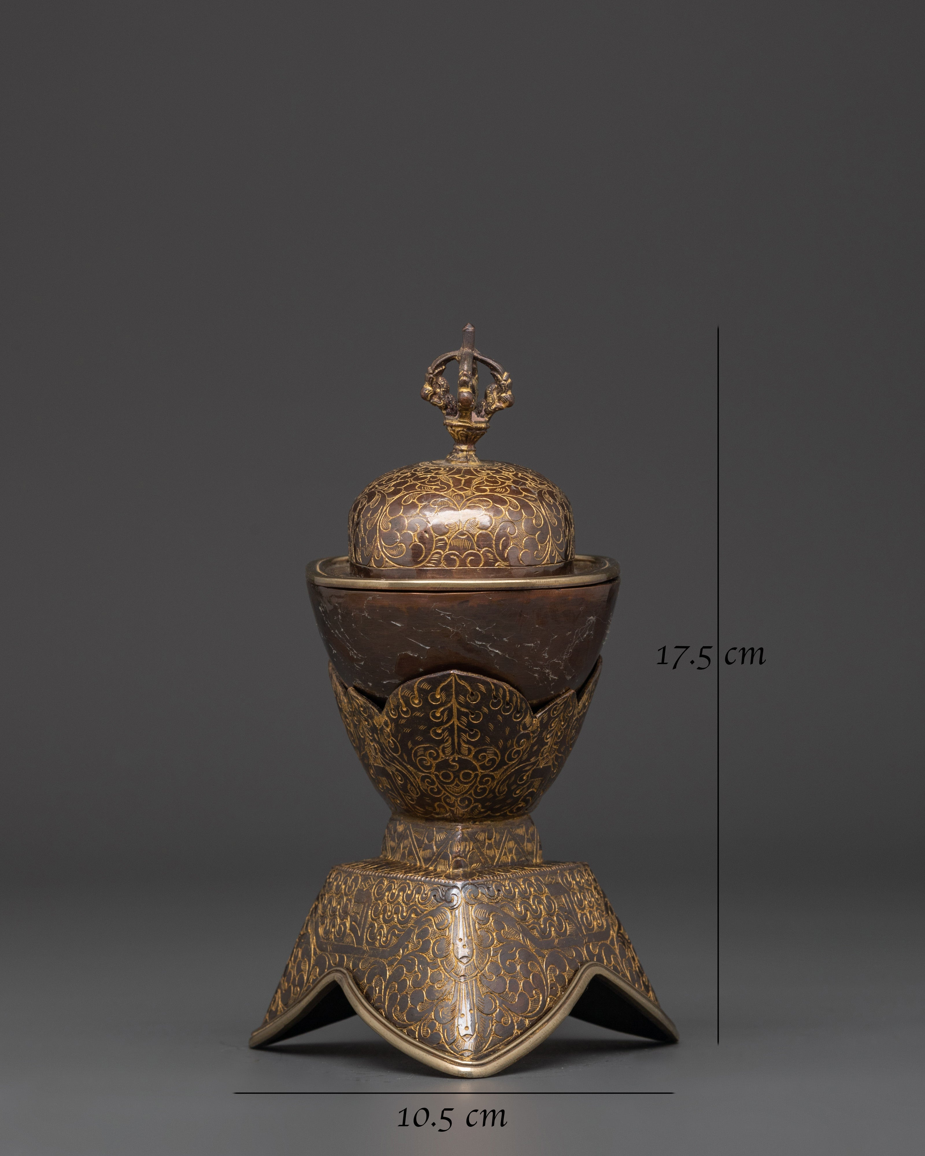 Tibetan Kapala Set for Buddhist Rituals | Oxidized Copper Skull Cup with Vajra Lid