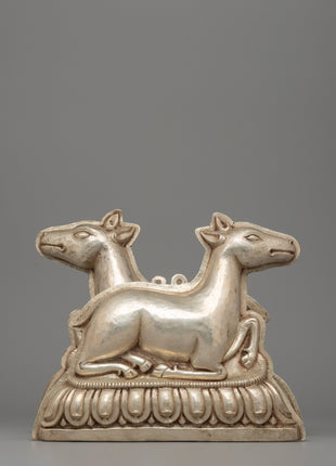 Silver-plated Dharma Wheel with Deer Set | Spiritual Decor