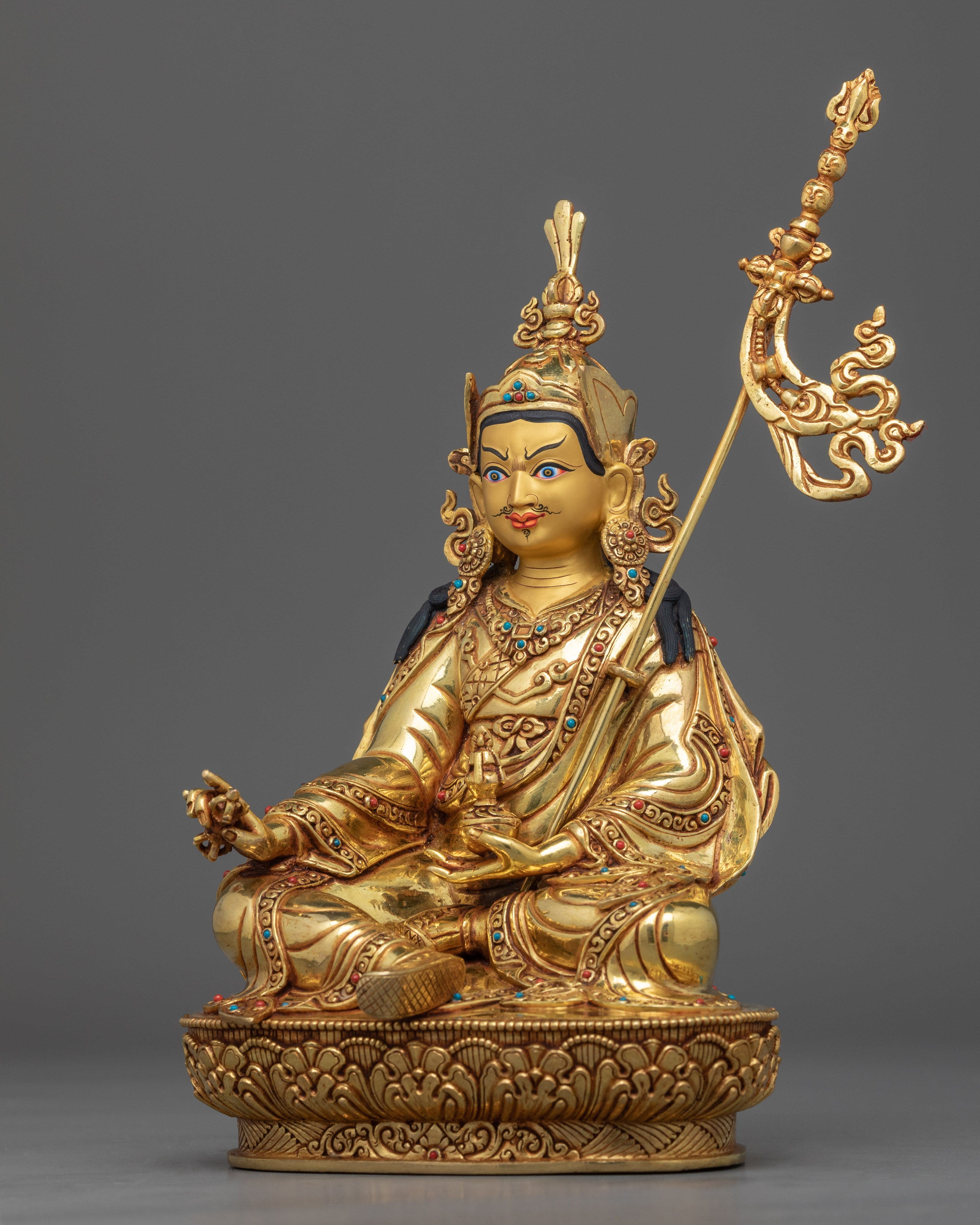 24K Gold Gilded Statue To Practice Guru Rinpoche Mantra In Tibetan | Lotus Born Master Art