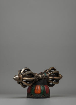 Iron Vajra with a Wooden Base and Turquoise Coral Inlays | Acrylic Painted Base