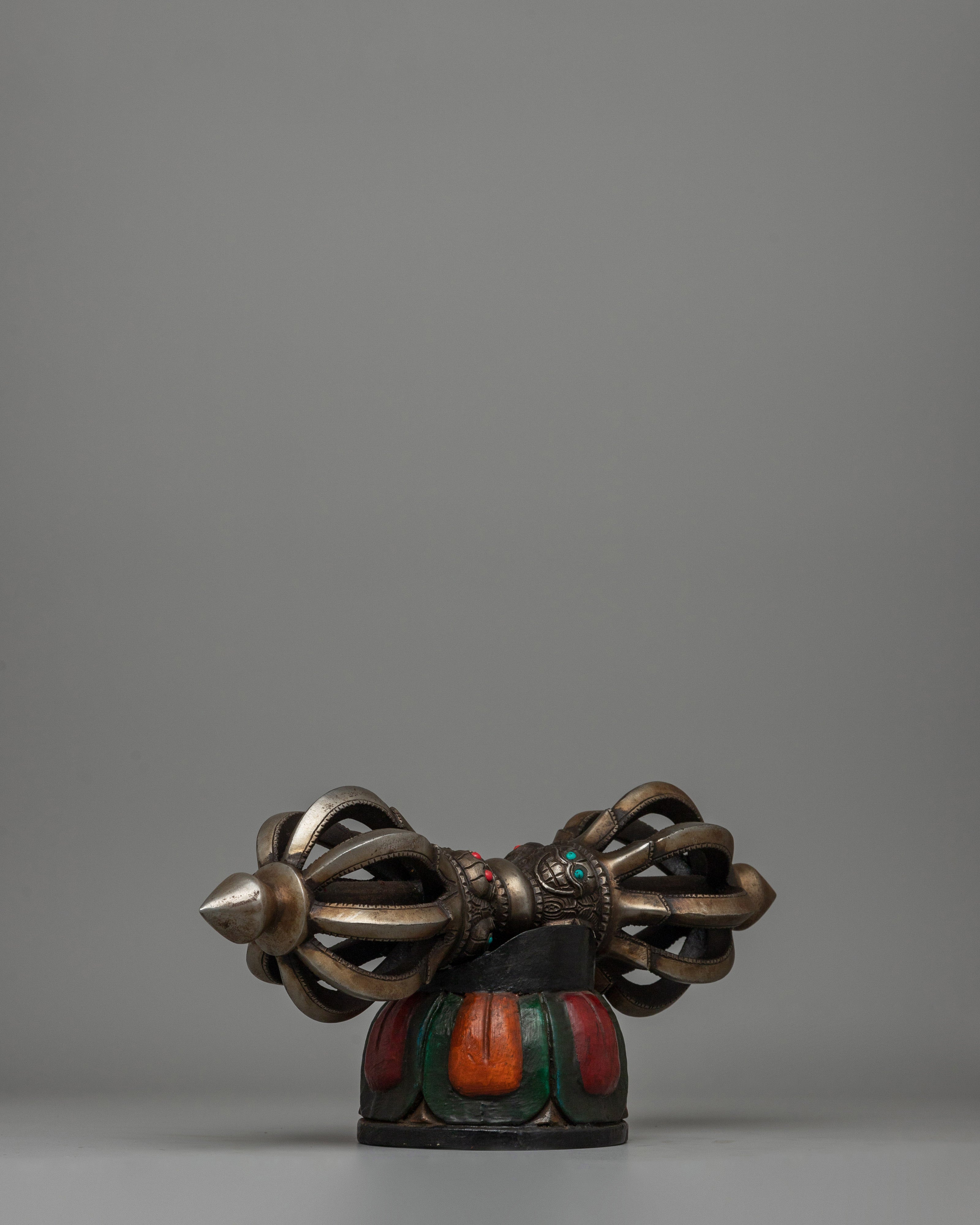 Iron Vajra with a Wooden Base and Turquoise Coral Inlays | Acrylic Painted Base