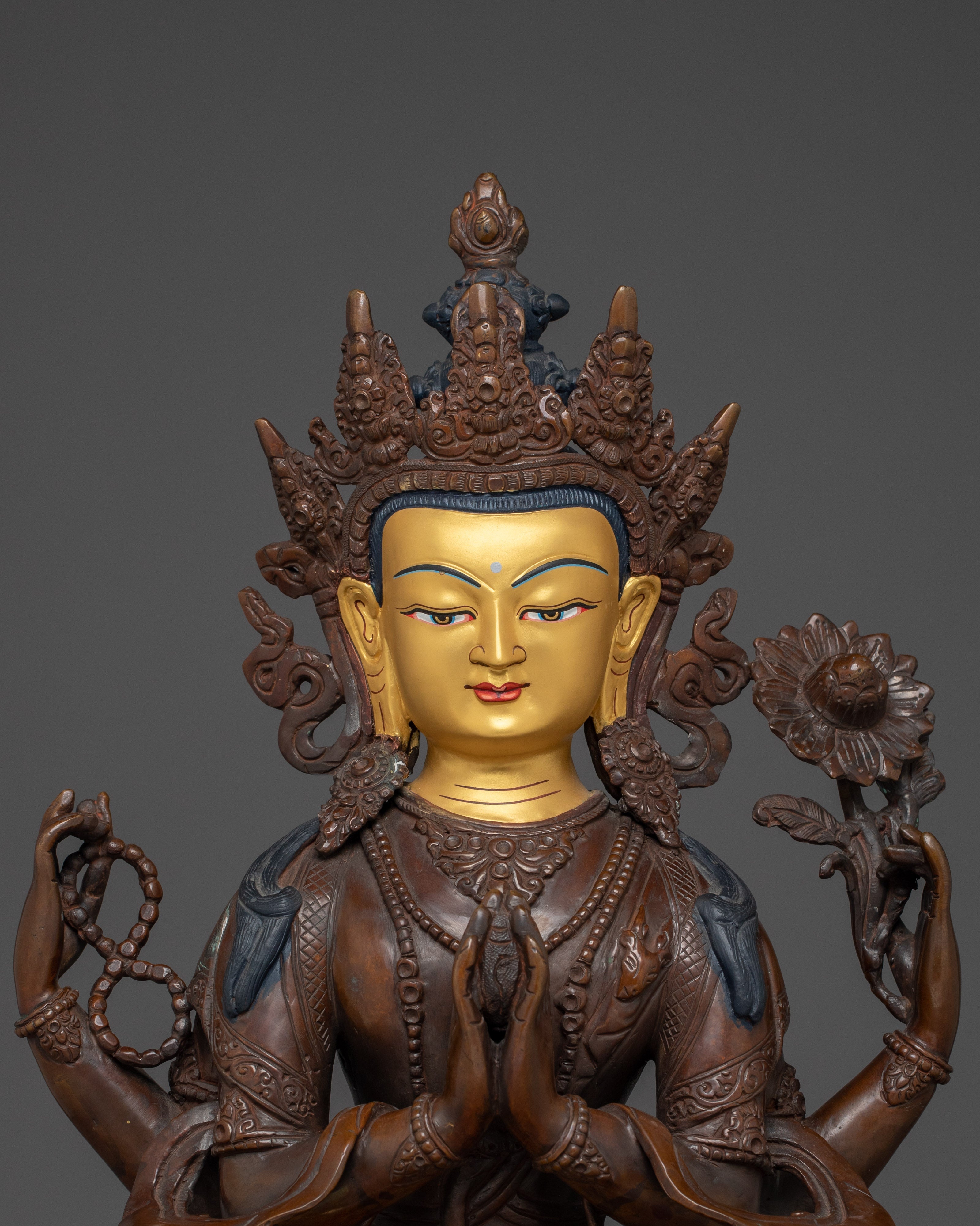 Chenrezig Statue in Oxidized Copper | Majestic Nepalese Buddhist Altar Piece