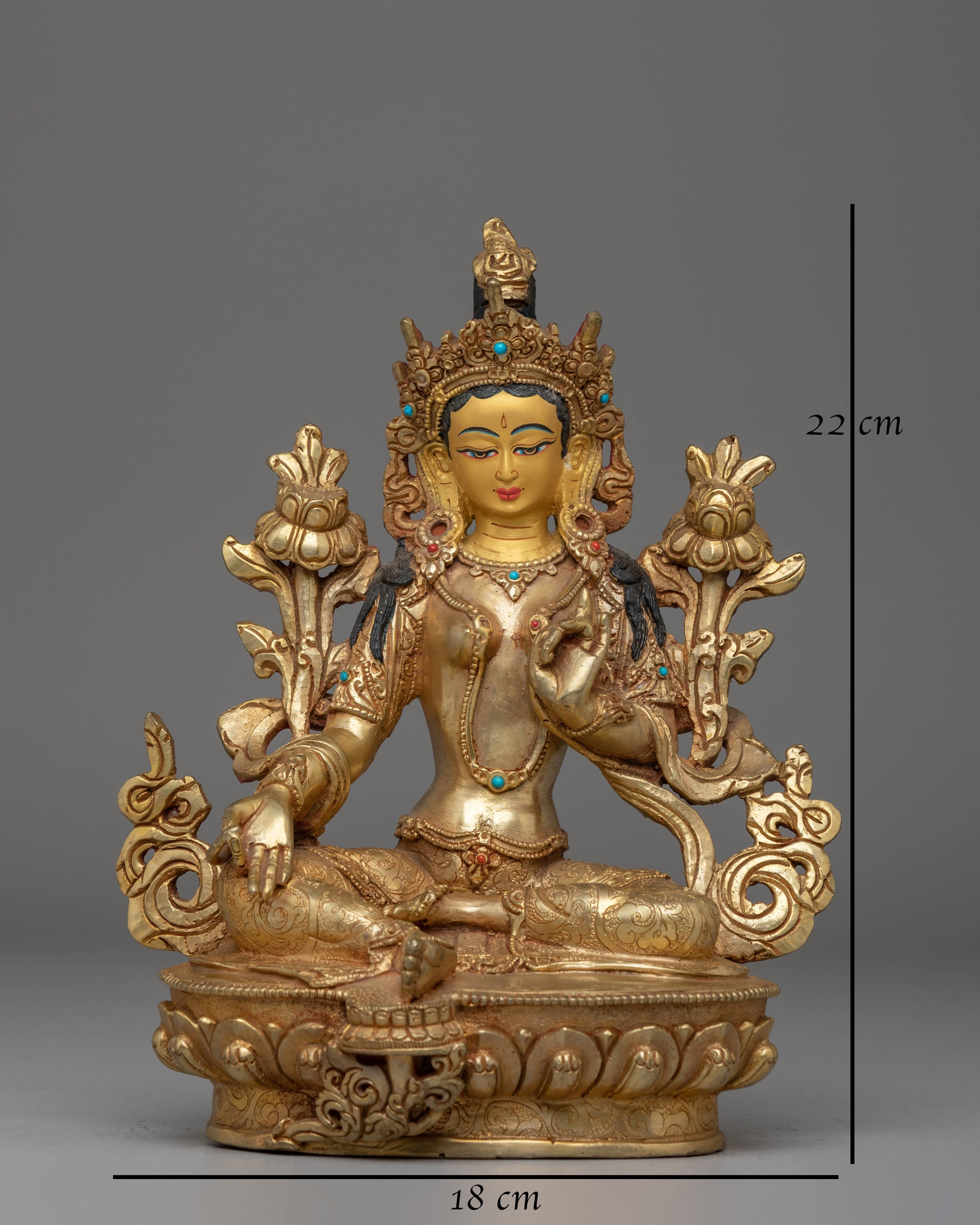 Handcrafted Green Tara Copper Statue with Spiritual Motifs
