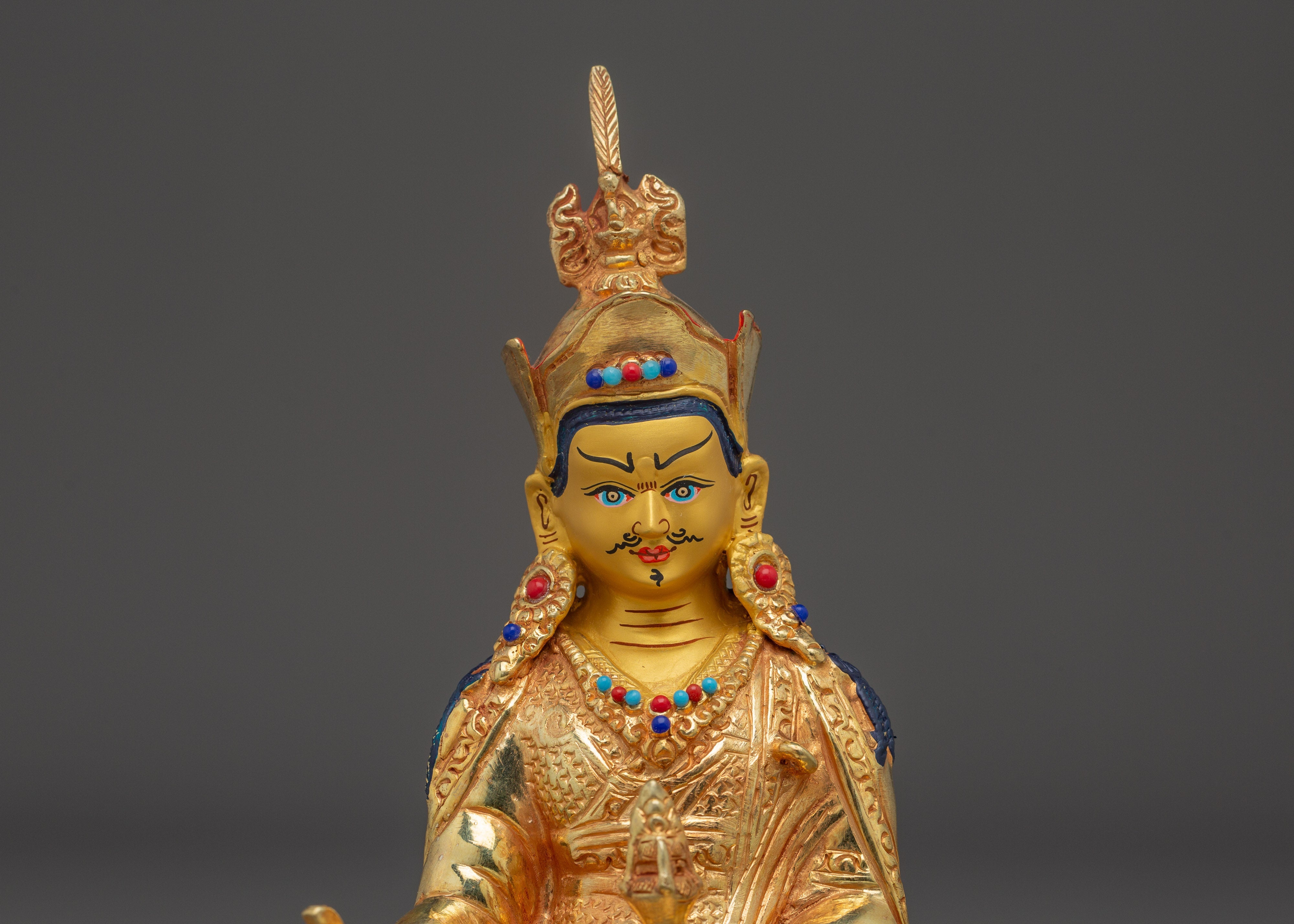 Sacred Padmasambhava Statue | Gold Plated Copper Buddha Sculpture with Coral & Turquoise
