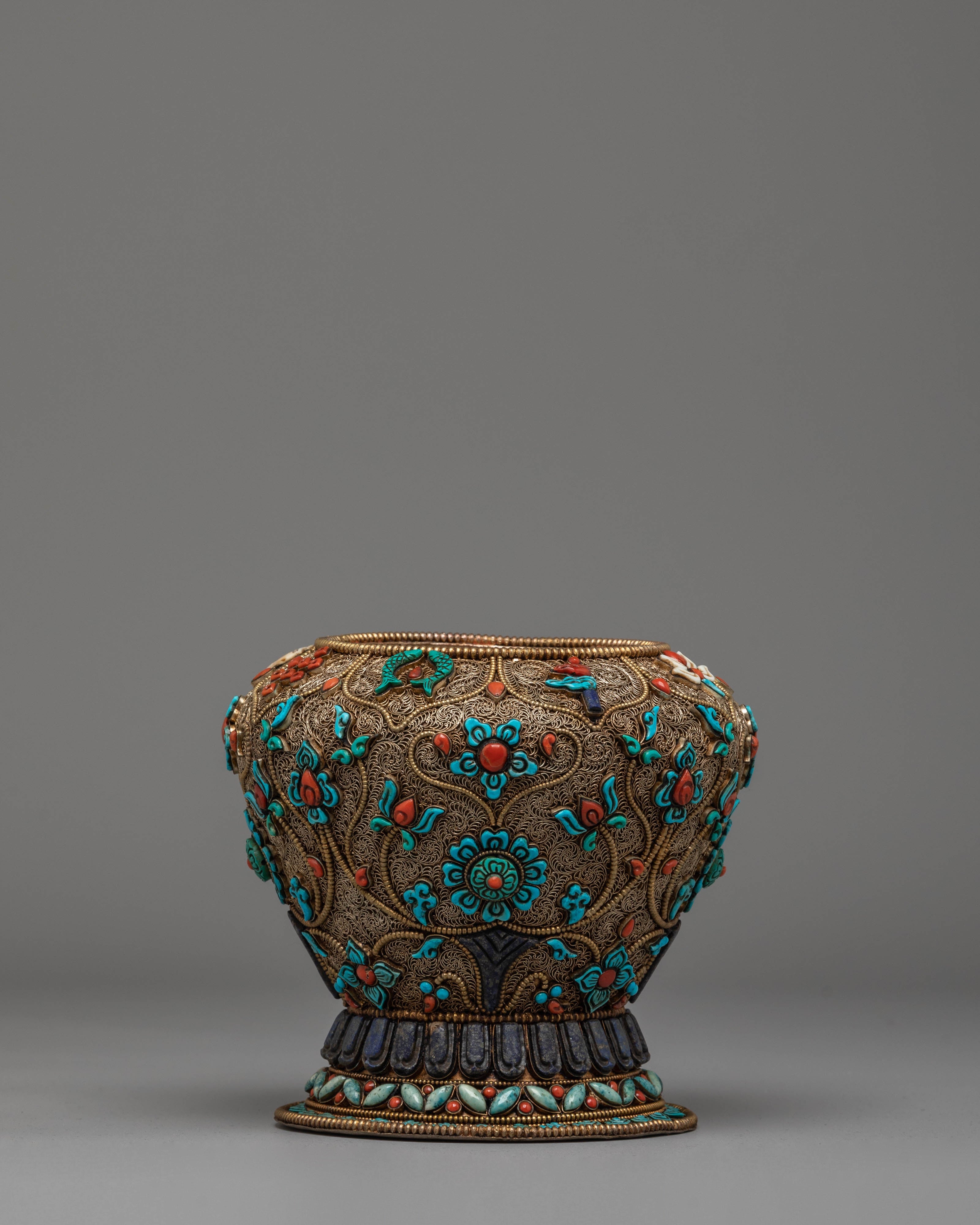 Buddhist Ritual Rice Offering Pot | Copper & Silver Plated with Gemstones