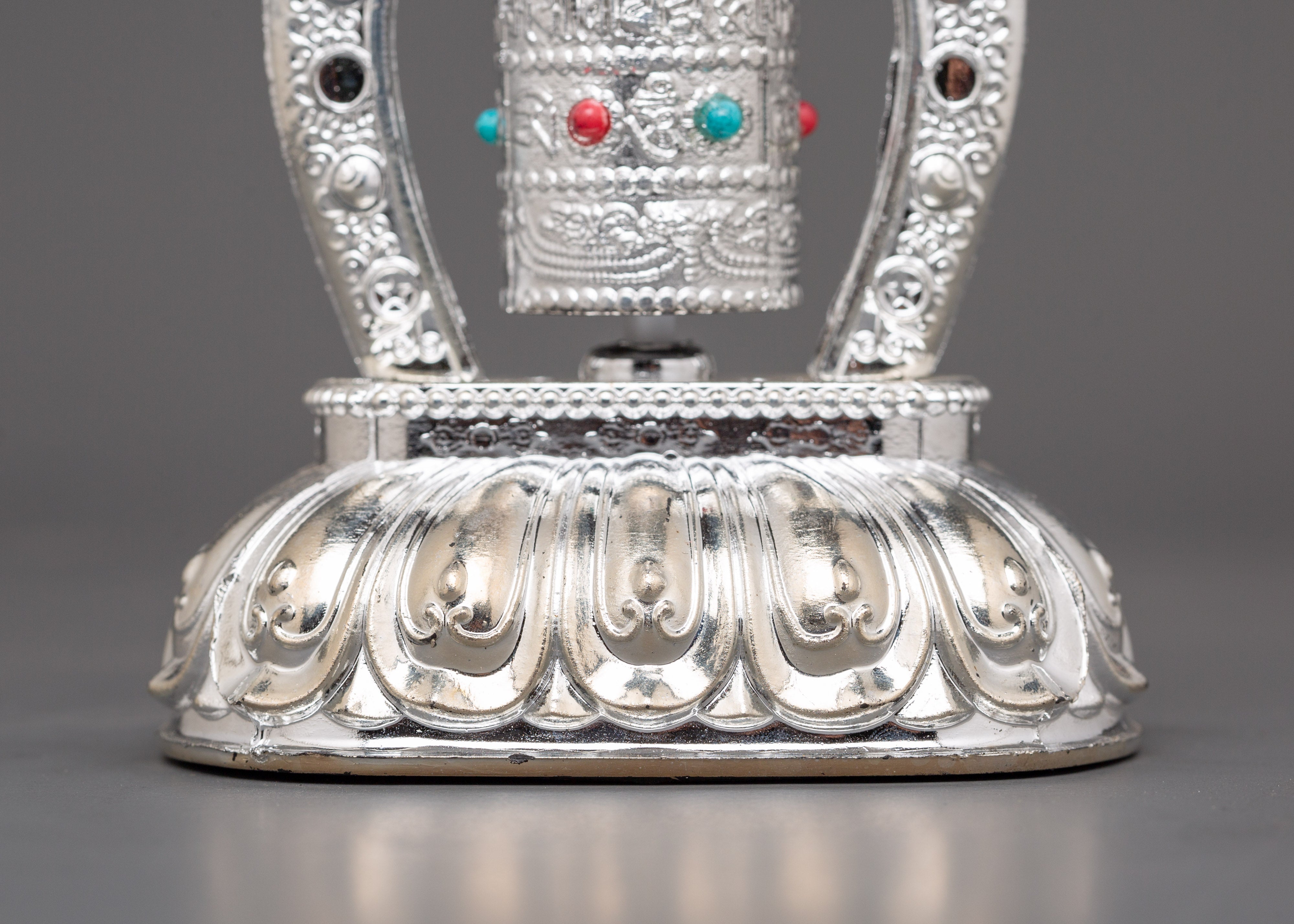 Tibetan Prayer Wheel with Turquoise & Coral Inlay | Buddhist Spiritual Decor