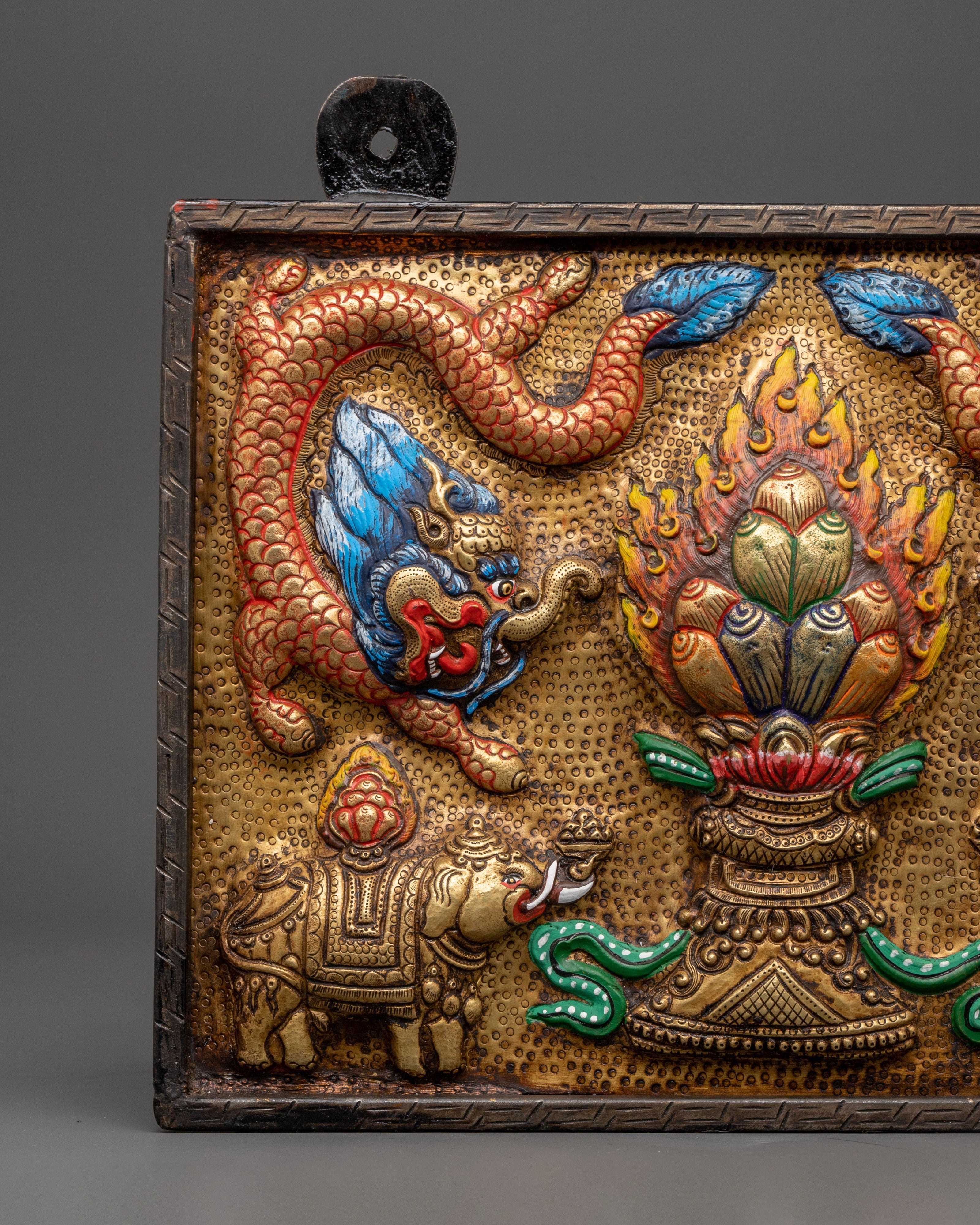 Handcrafted Brass Tibetan Wall Hanging | Tibetan Decor with Elephants & Dragon