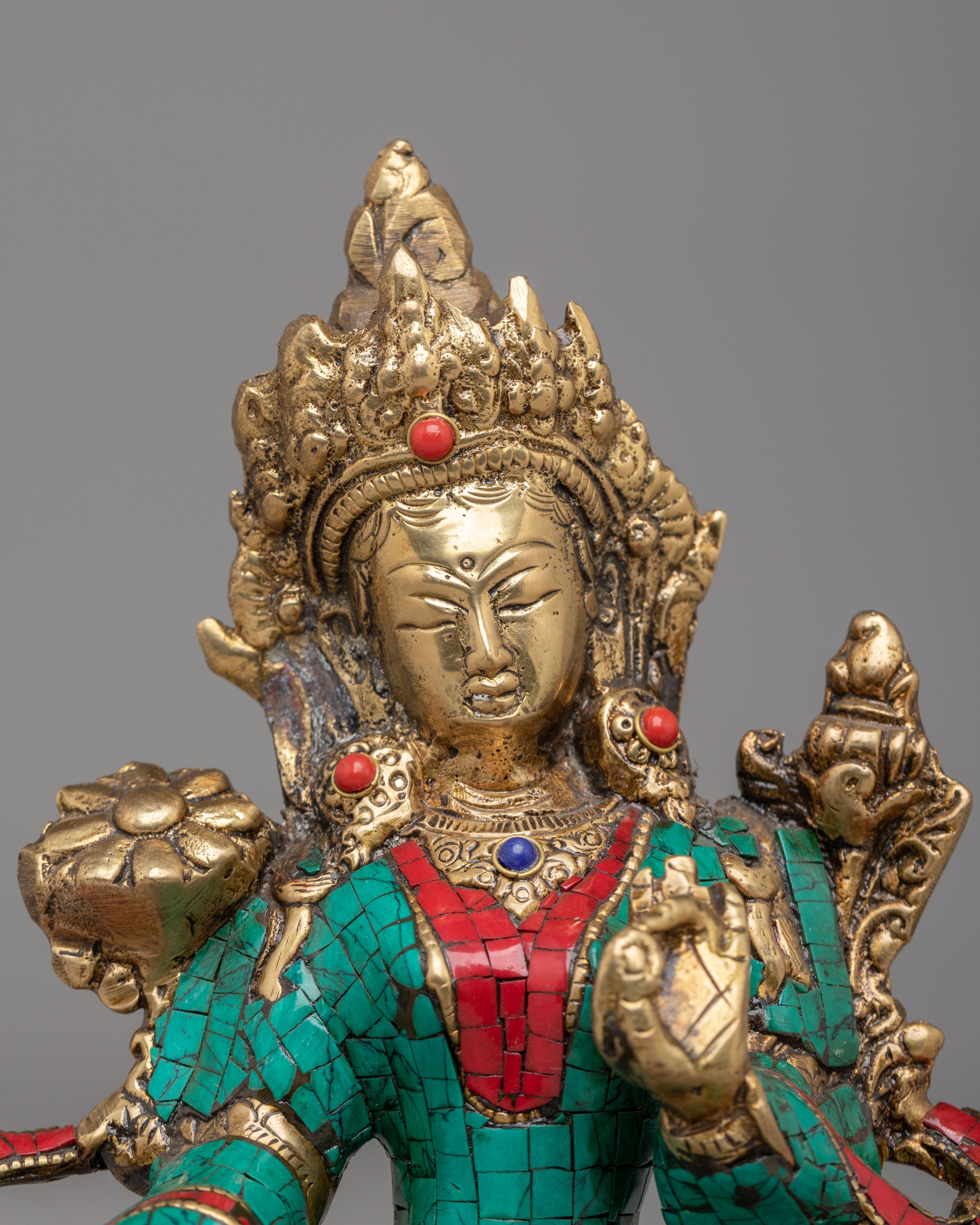 Spiritual Green Tara Buddhist Deity Statue | Tibetan Tara with Turquoise Inlay