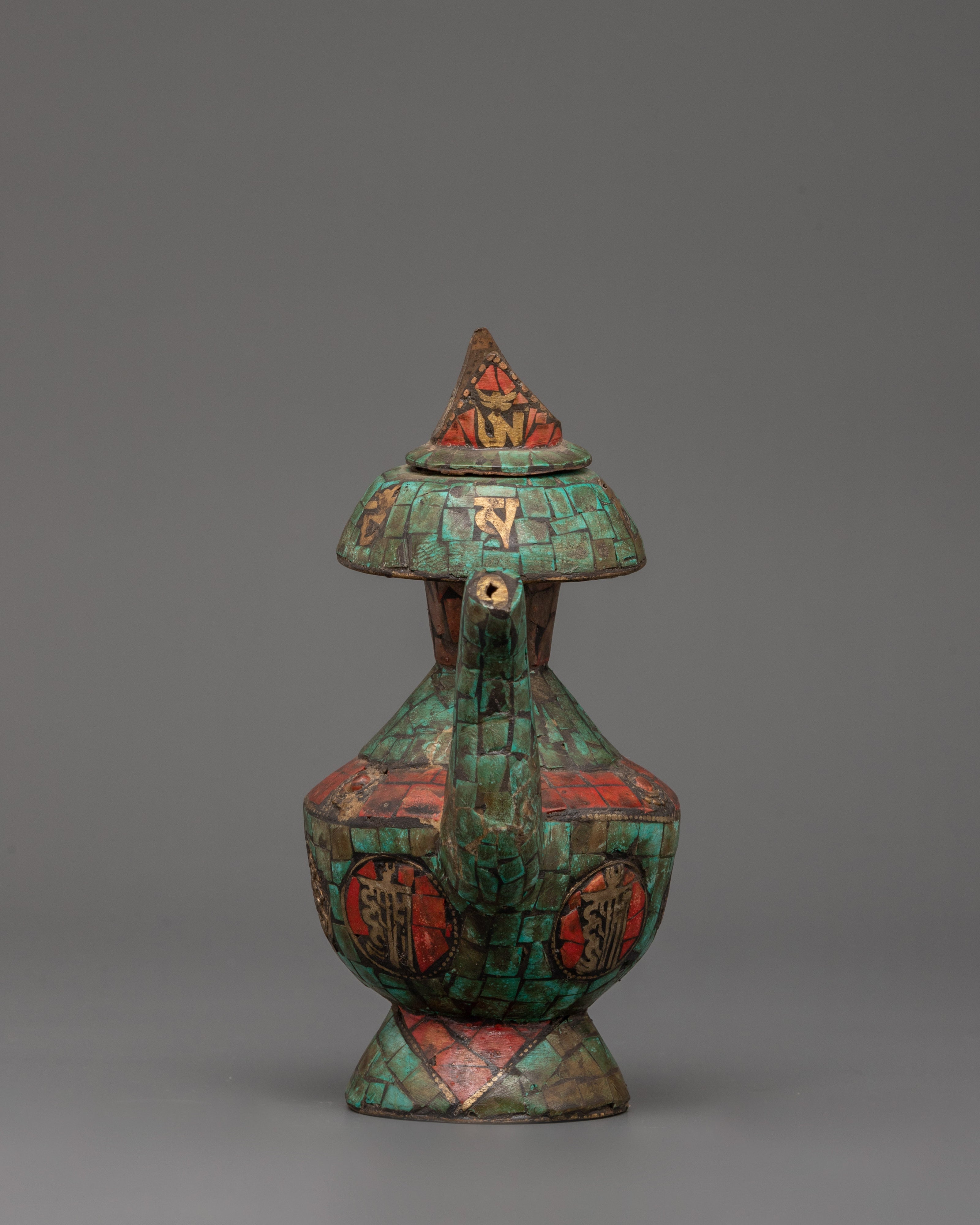 Tibetan Bhumba with Turquoise & Coral Inlay | Ritual Water Vase with Tibetan Symbols
