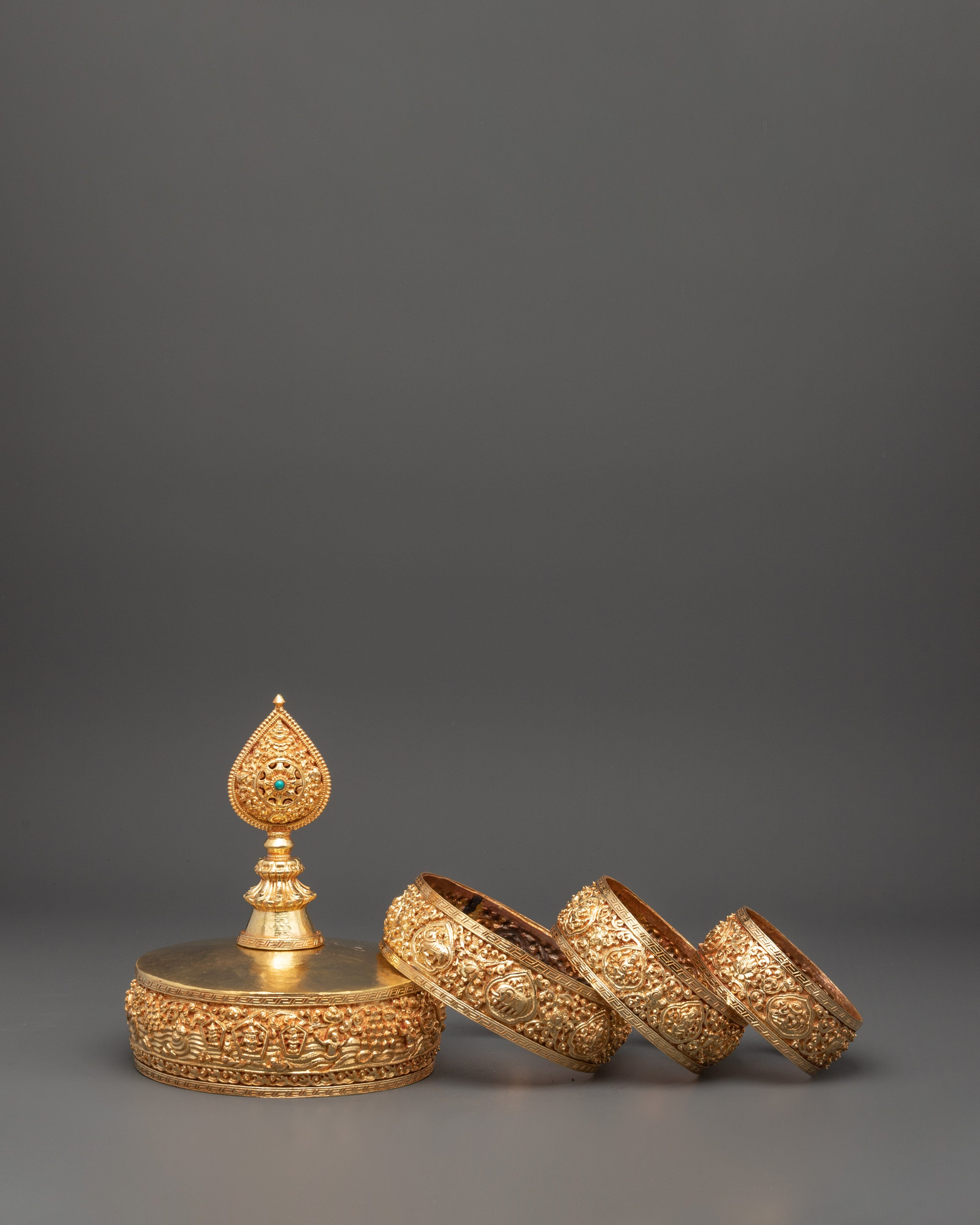 Gold Plated Tibetan Mandala Offering Set with Turquoise Stone | Spiritual Offering