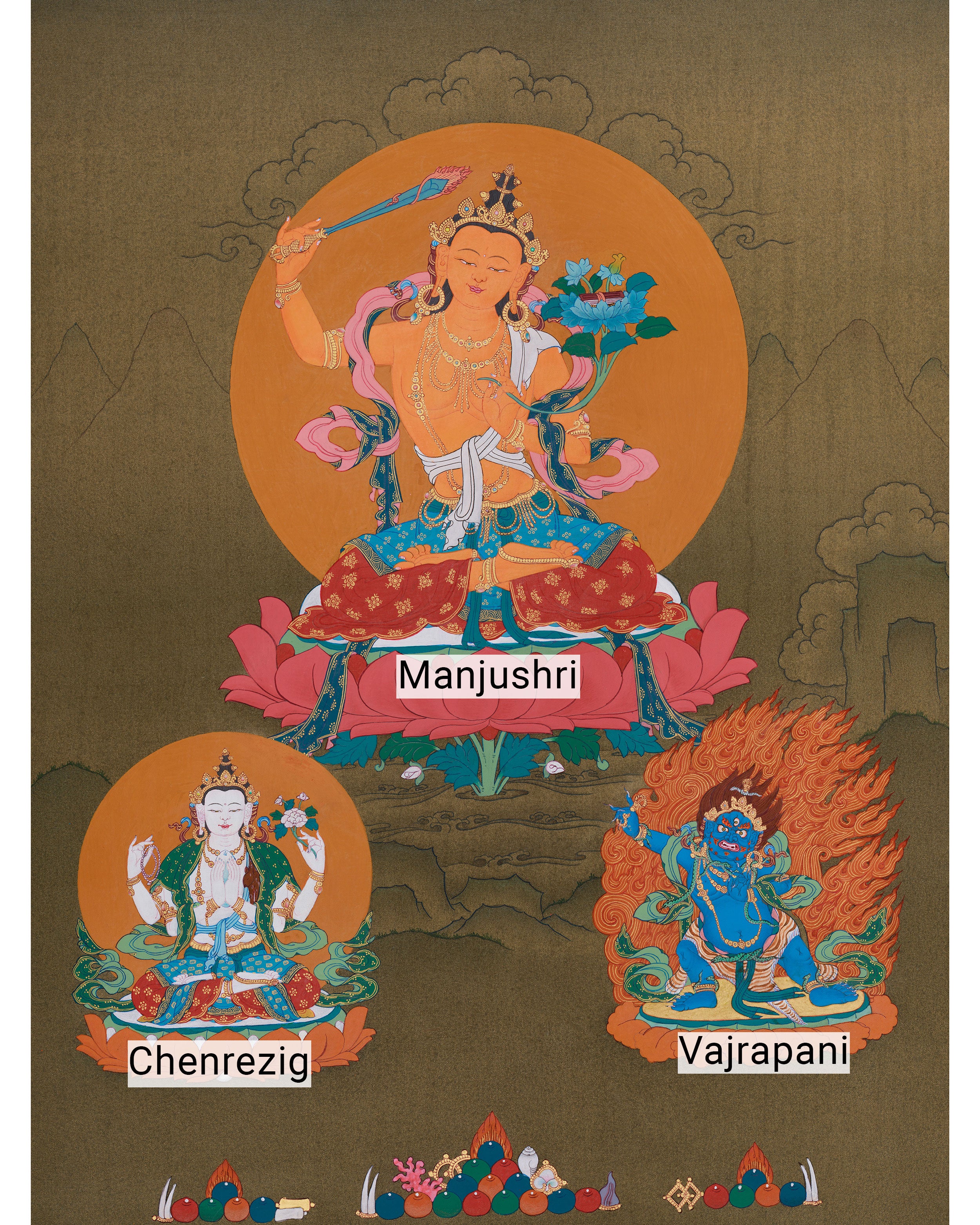 Tibetan Buddhist Manjushri with Chenrezig and Vajrapani | Thangka of Three Bodhisattvas